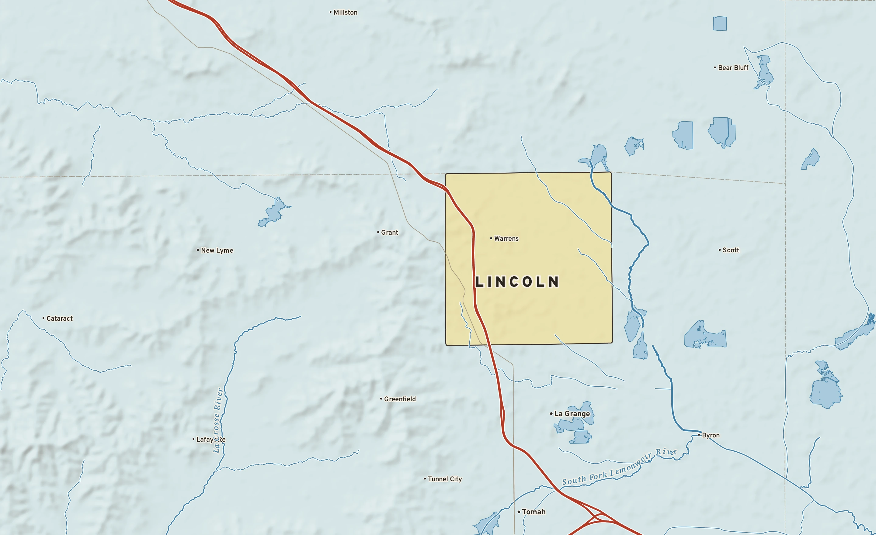 Shaded-relief atlas plate of Lincoln, Wisconsin: rivers, roads, the city limits and where the water drains.