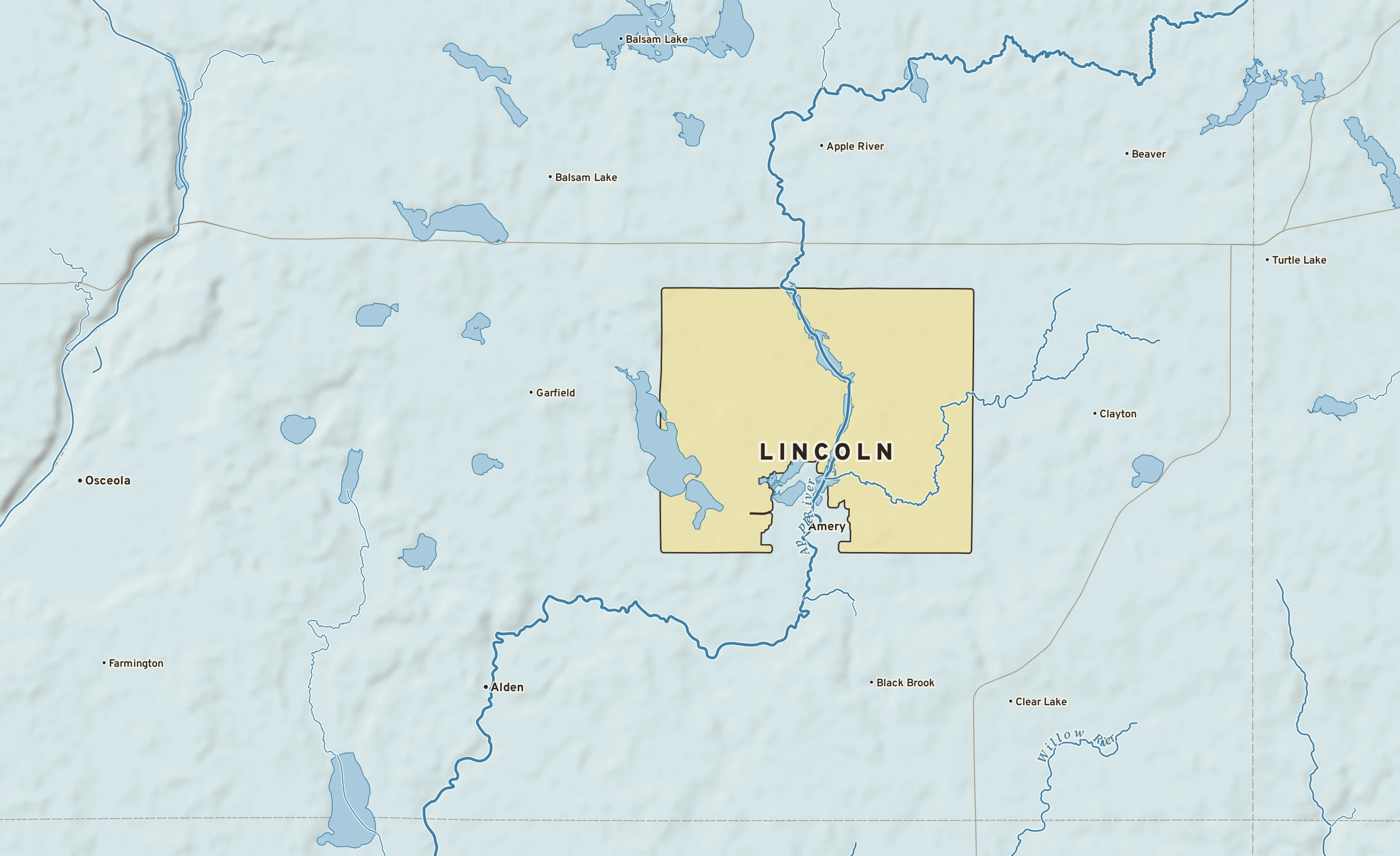 Shaded-relief atlas plate of Lincoln, Wisconsin: rivers, roads, the city limits and where the water drains.