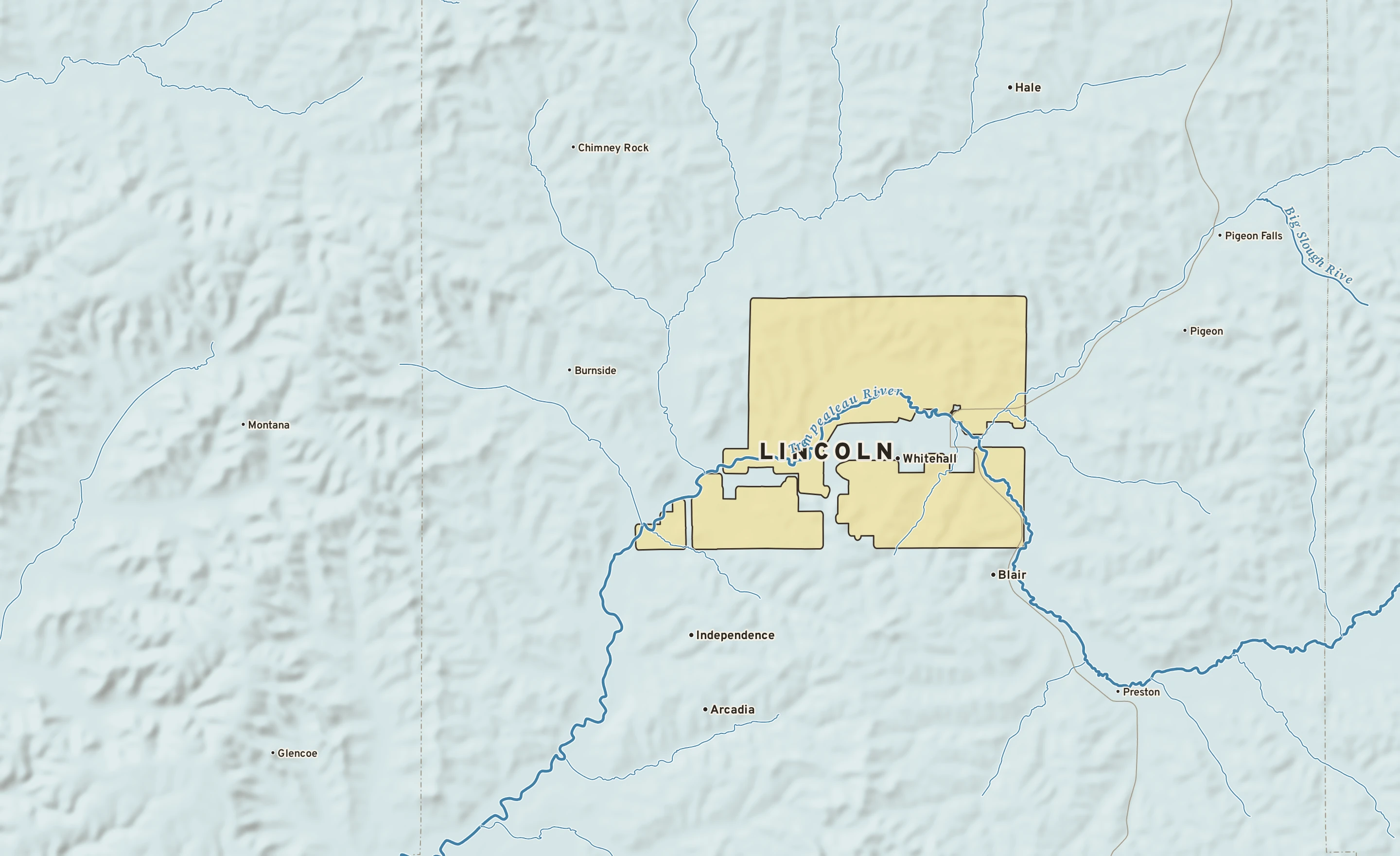 Shaded-relief atlas plate of Lincoln, Wisconsin: rivers, roads, the city limits and where the water drains.