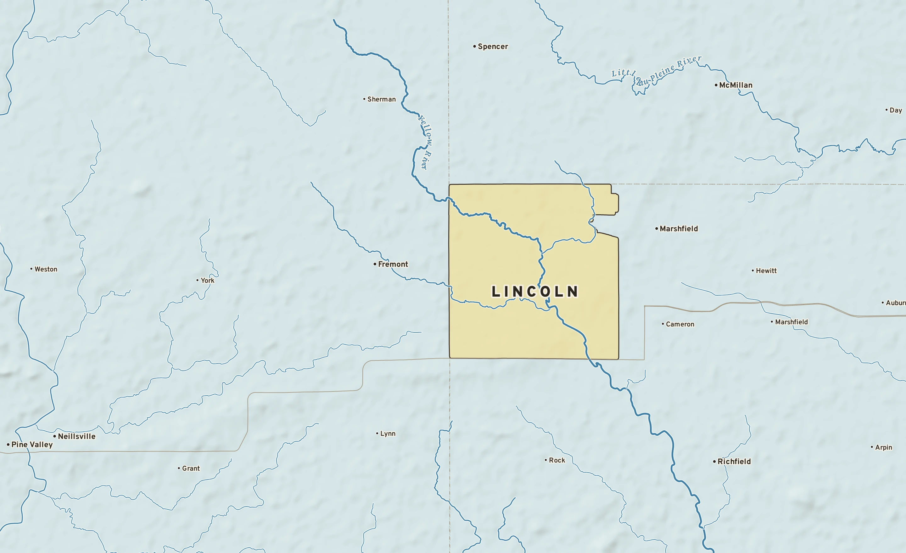 Shaded-relief atlas plate of Lincoln, Wisconsin: rivers, roads, the city limits and where the water drains.