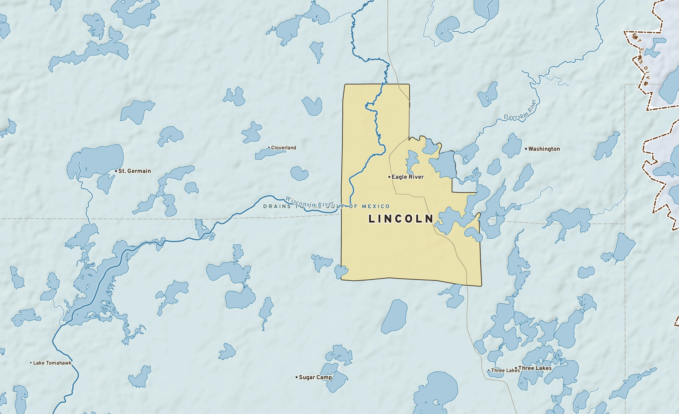 Shaded-relief atlas plate of Lincoln, Wisconsin: rivers, roads, the city limits and where the water drains.