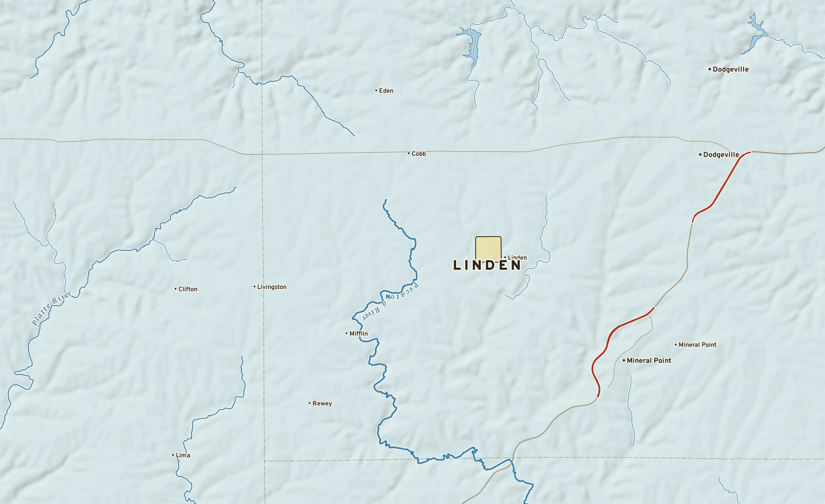 Shaded-relief atlas plate of Linden, Wisconsin: rivers, roads, the city limits and where the water drains.