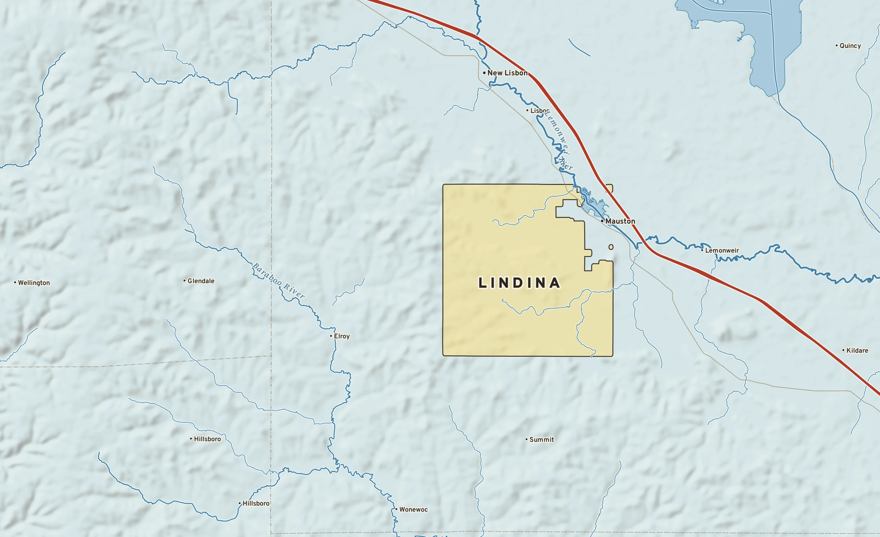 Shaded-relief atlas plate of Lindina, Wisconsin: rivers, roads, the city limits and where the water drains.