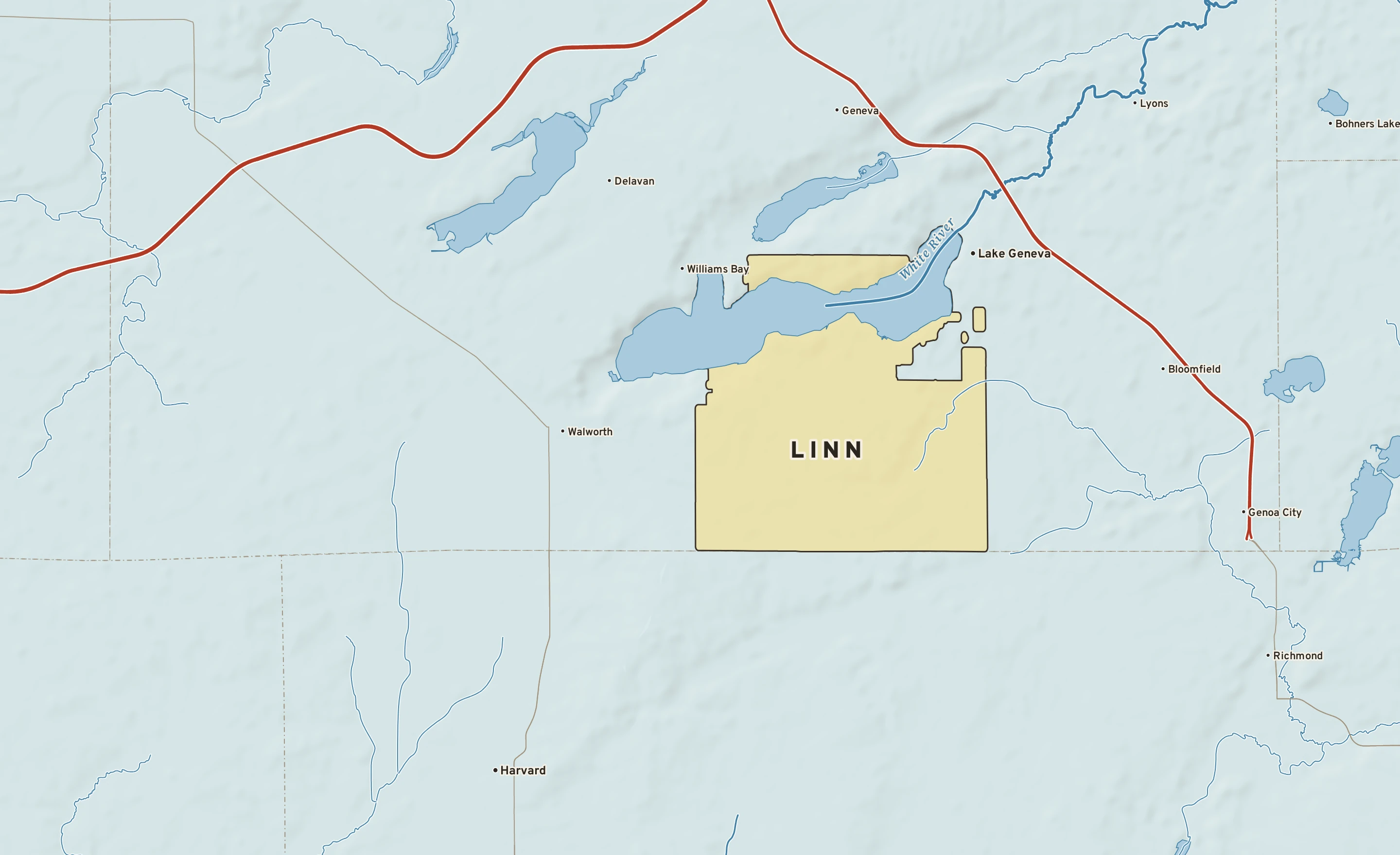 Shaded-relief atlas plate of Linn, Wisconsin: rivers, roads, the city limits and where the water drains.
