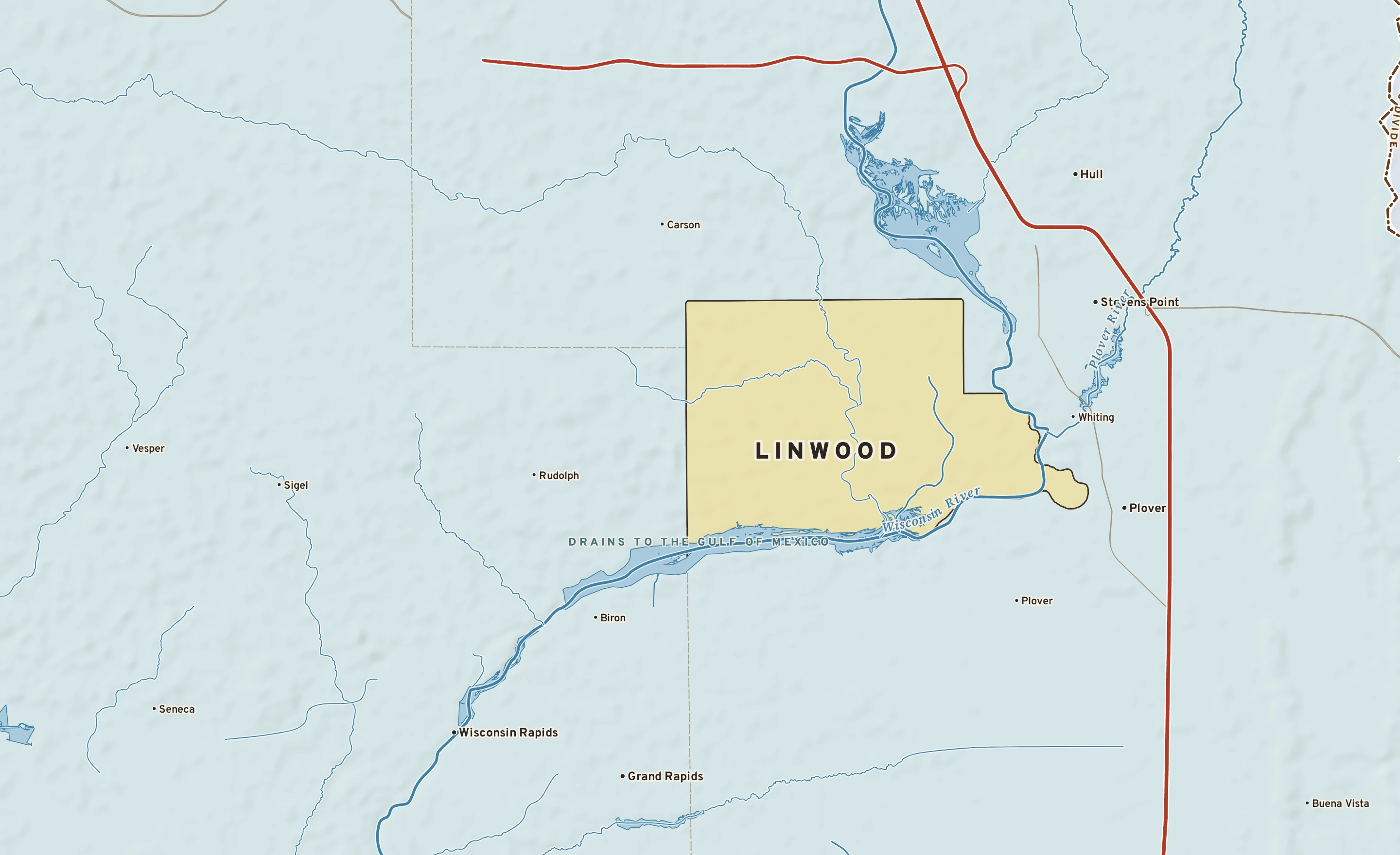 Shaded-relief atlas plate of Linwood, Wisconsin: rivers, roads, the city limits and where the water drains.