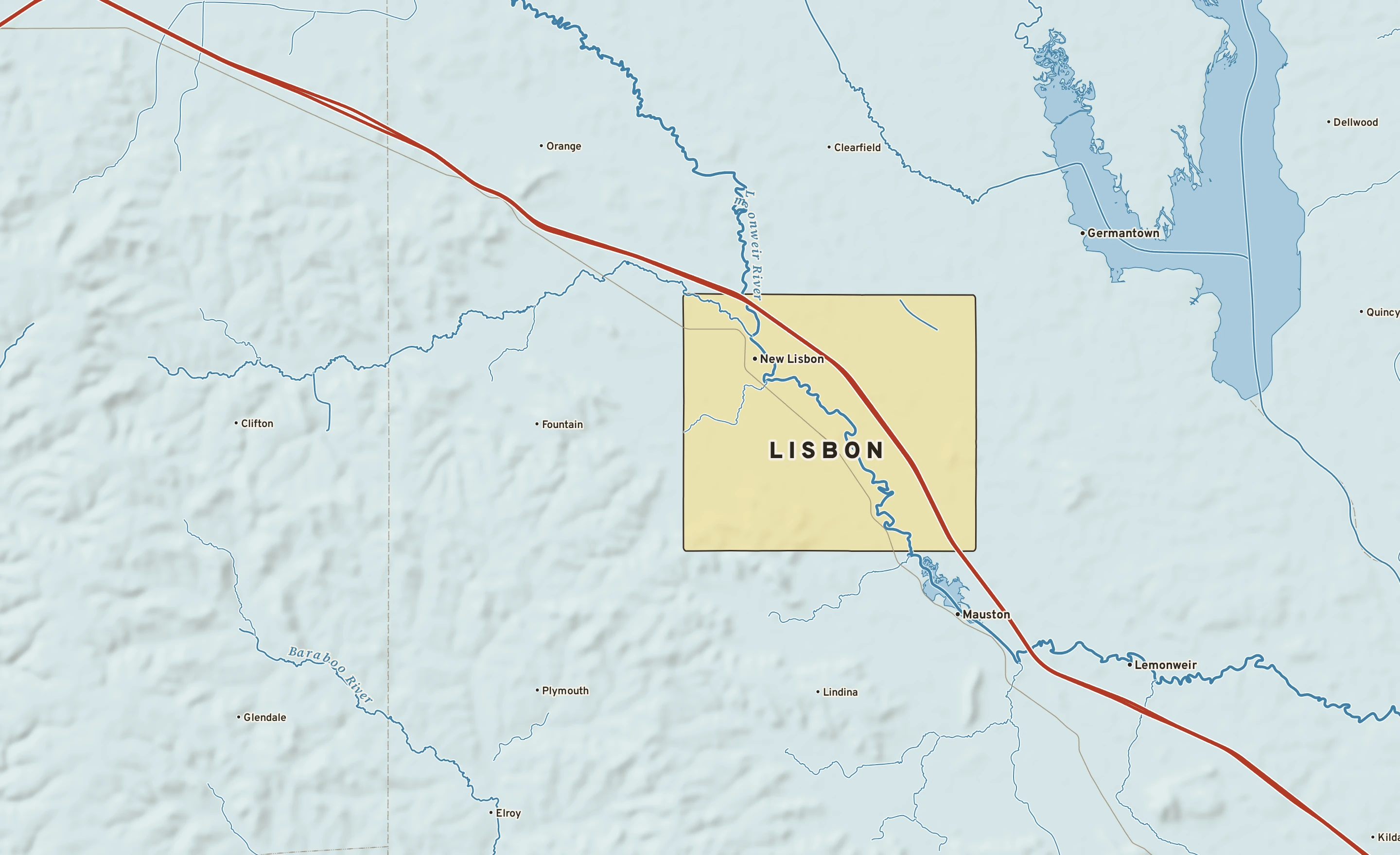 Shaded-relief atlas plate of Lisbon, Wisconsin: rivers, roads, the city limits and where the water drains.