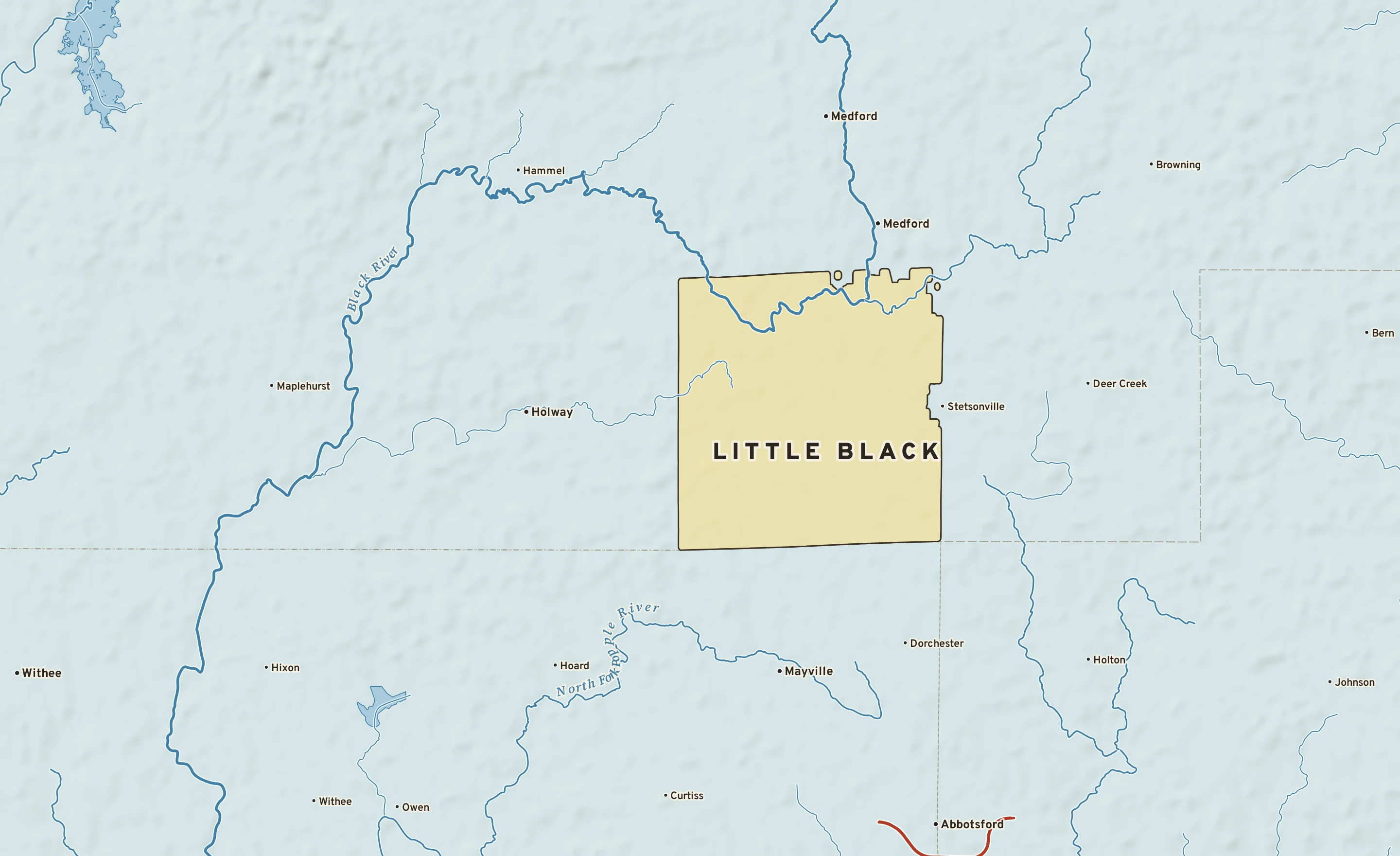 Shaded-relief atlas plate of Little Black, Wisconsin: rivers, roads, the city limits and where the water drains.