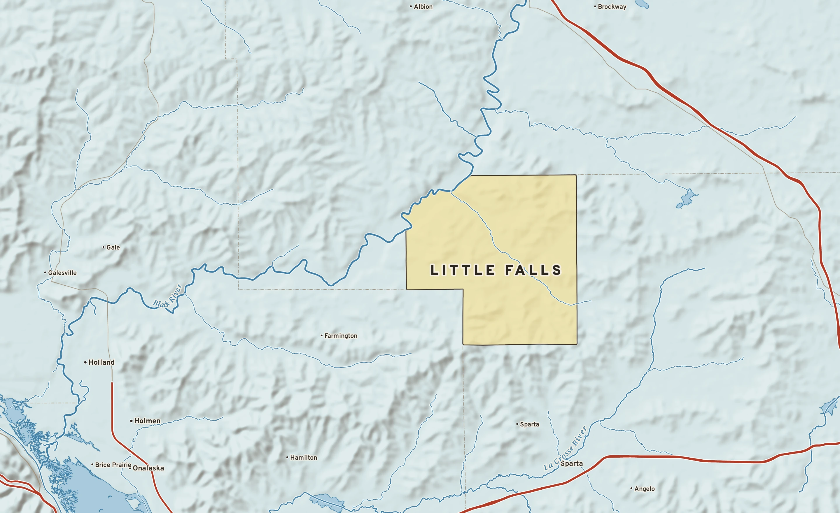 Shaded-relief atlas plate of Little Falls, Wisconsin: rivers, roads, the city limits and where the water drains.