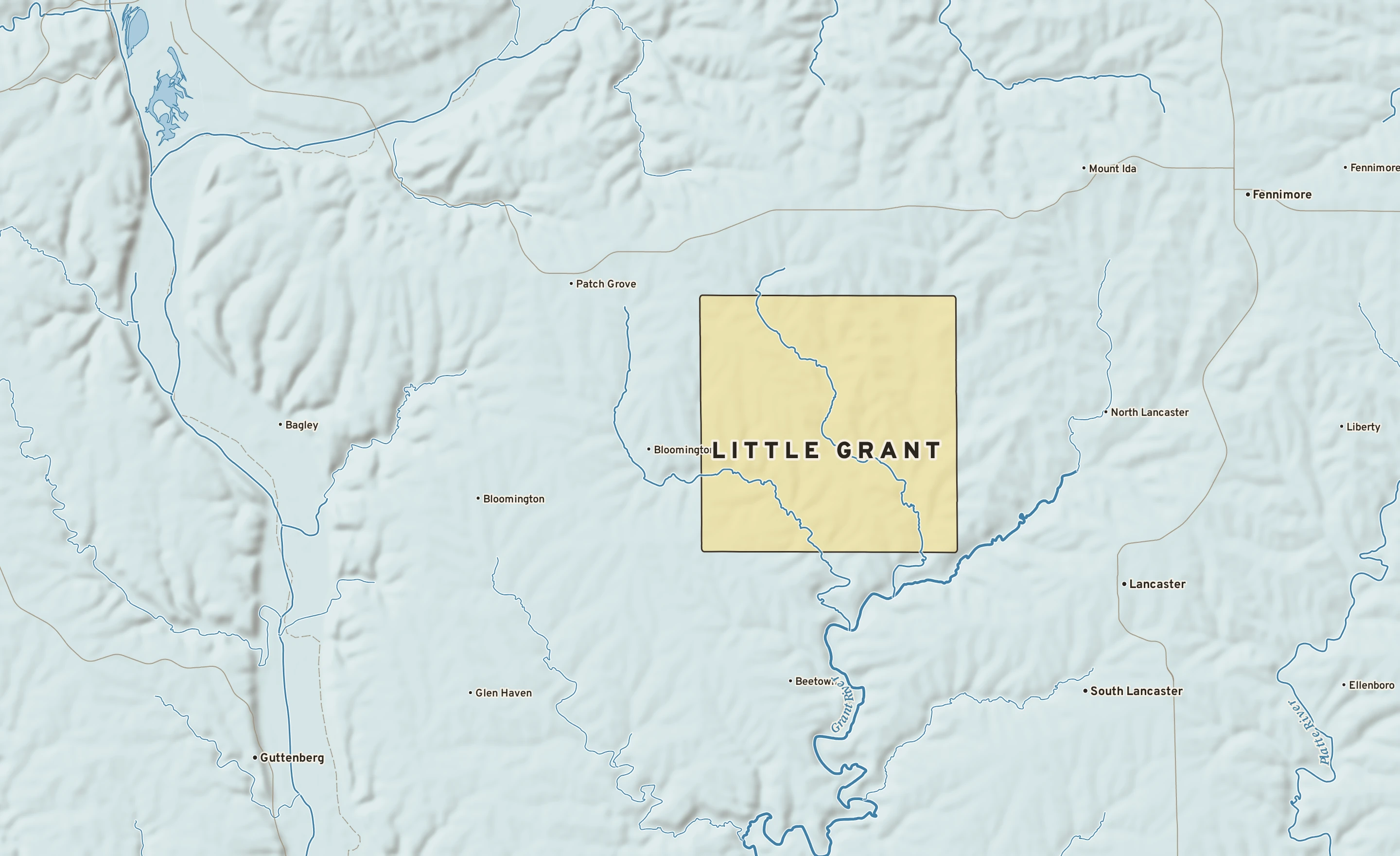 Shaded-relief atlas plate of Little Grant, Wisconsin: rivers, roads, the city limits and where the water drains.
