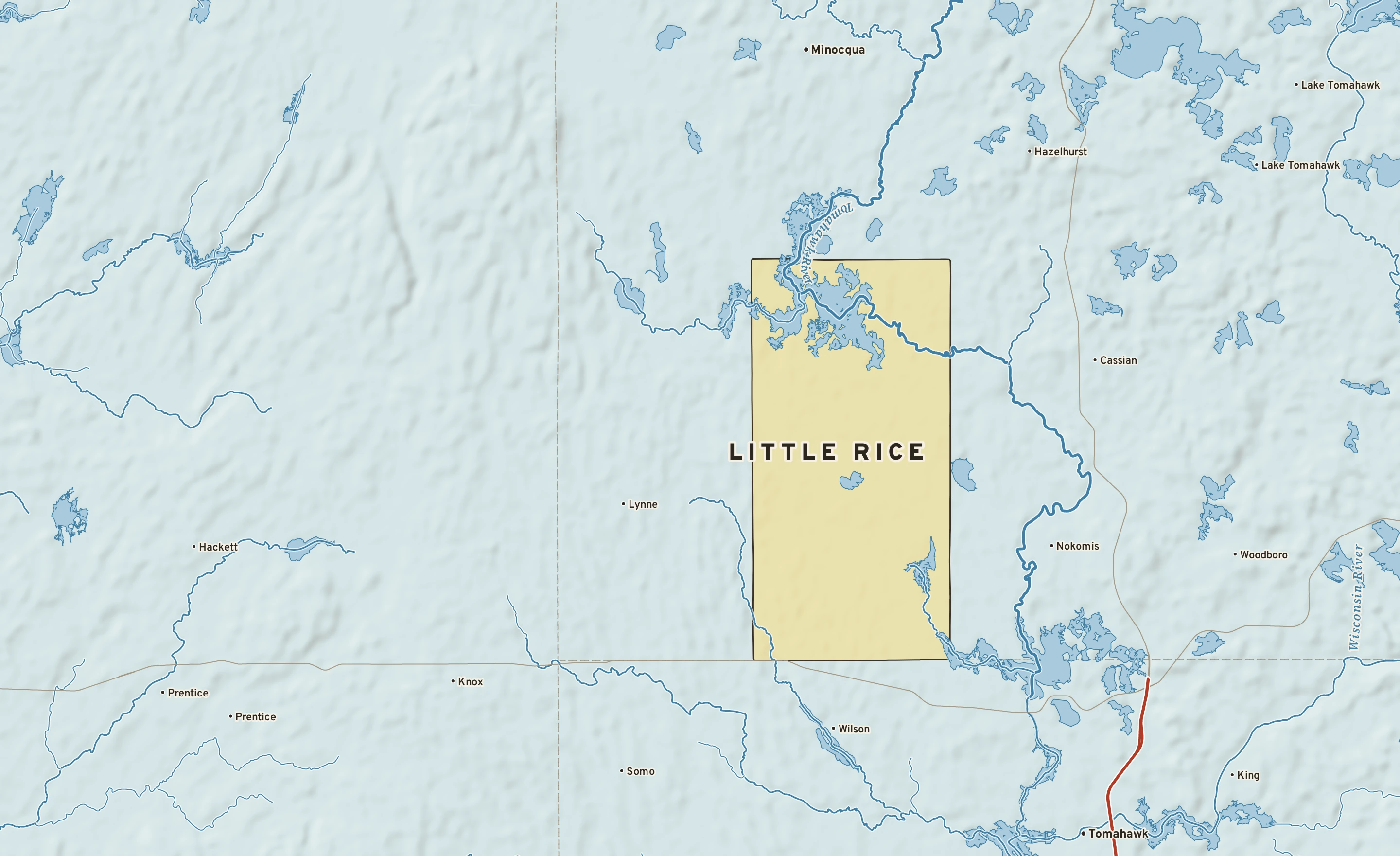 Shaded-relief atlas plate of Little Rice, Wisconsin: rivers, roads, the city limits and where the water drains.