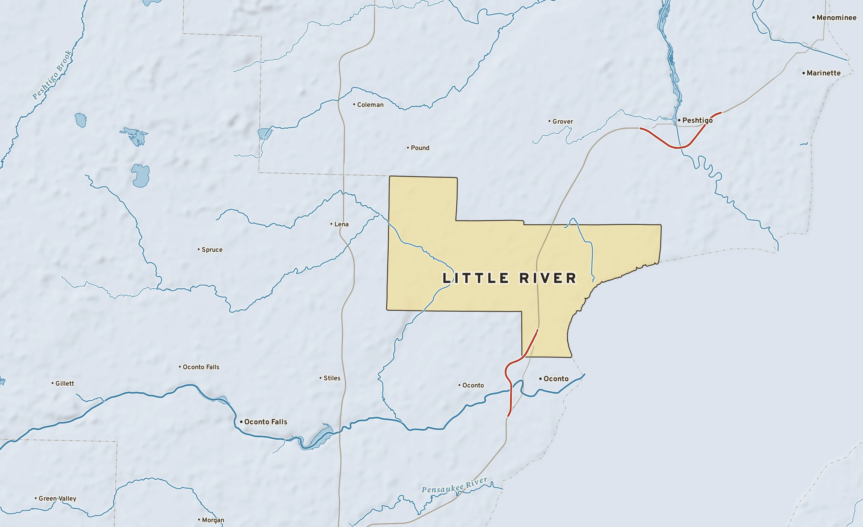 Shaded-relief atlas plate of Little River, Wisconsin: rivers, roads, the city limits and where the water drains.