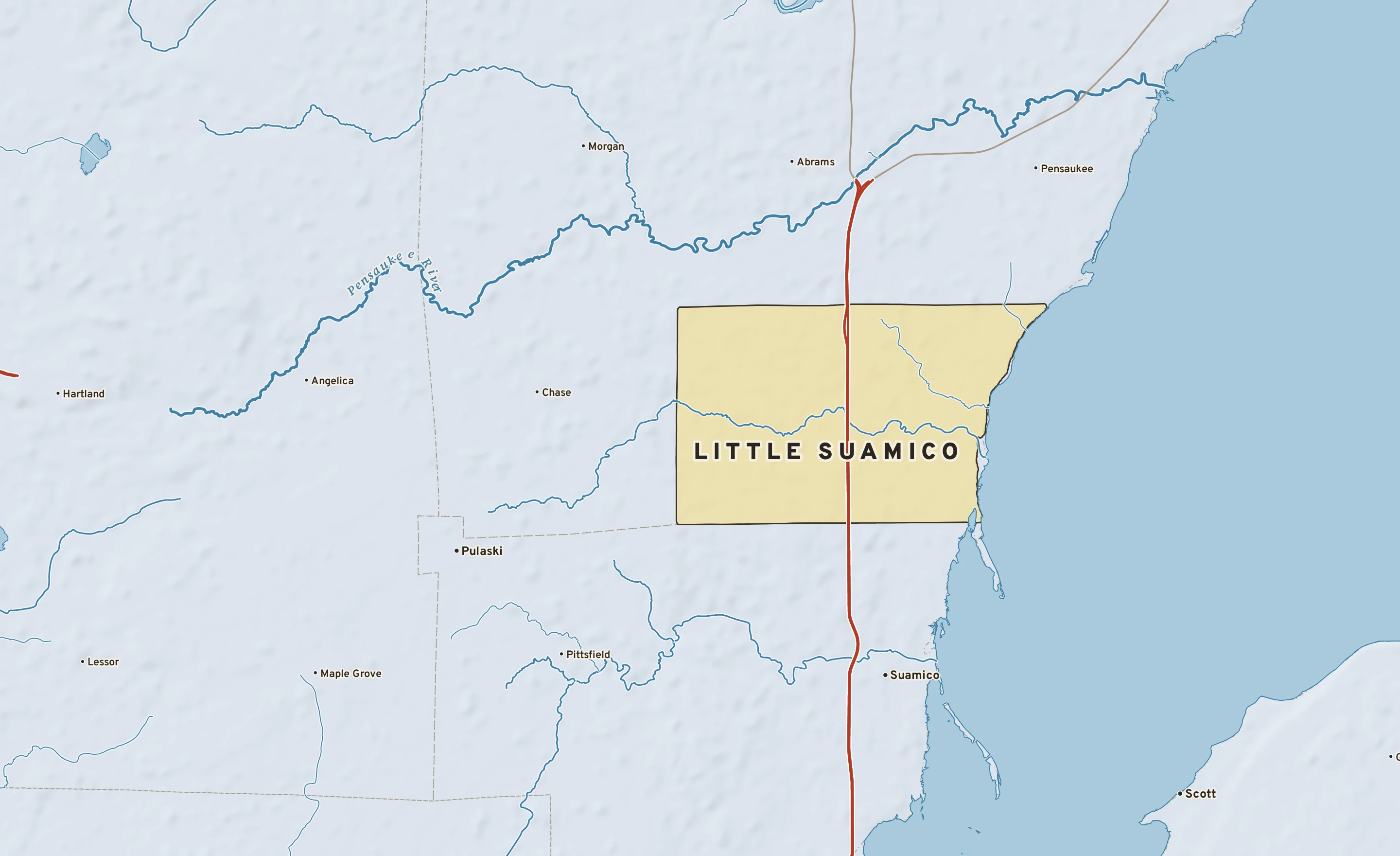 Shaded-relief atlas plate of Little Suamico, Wisconsin: rivers, roads, the city limits and where the water drains.