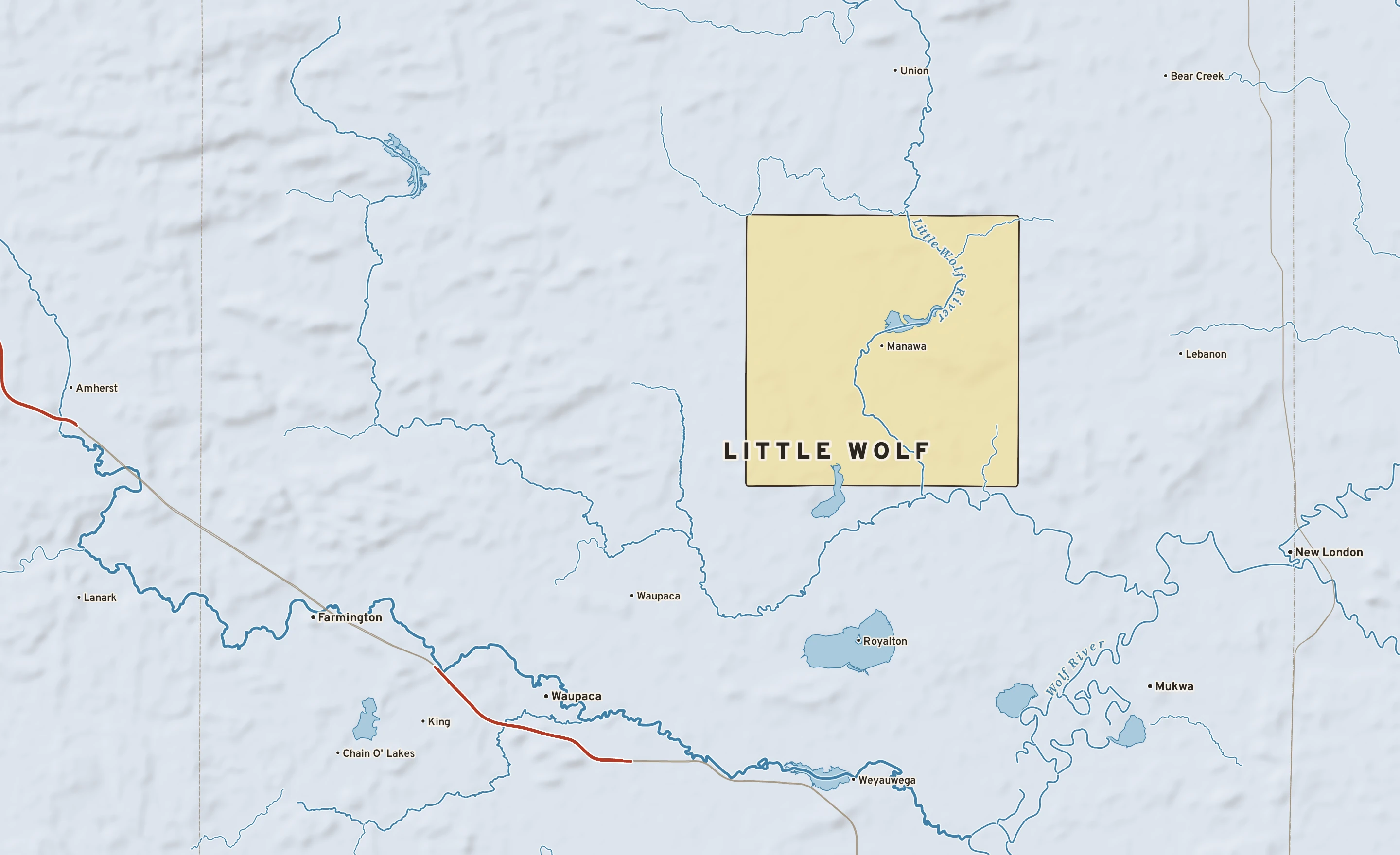 Shaded-relief atlas plate of Little Wolf, Wisconsin: rivers, roads, the city limits and where the water drains.