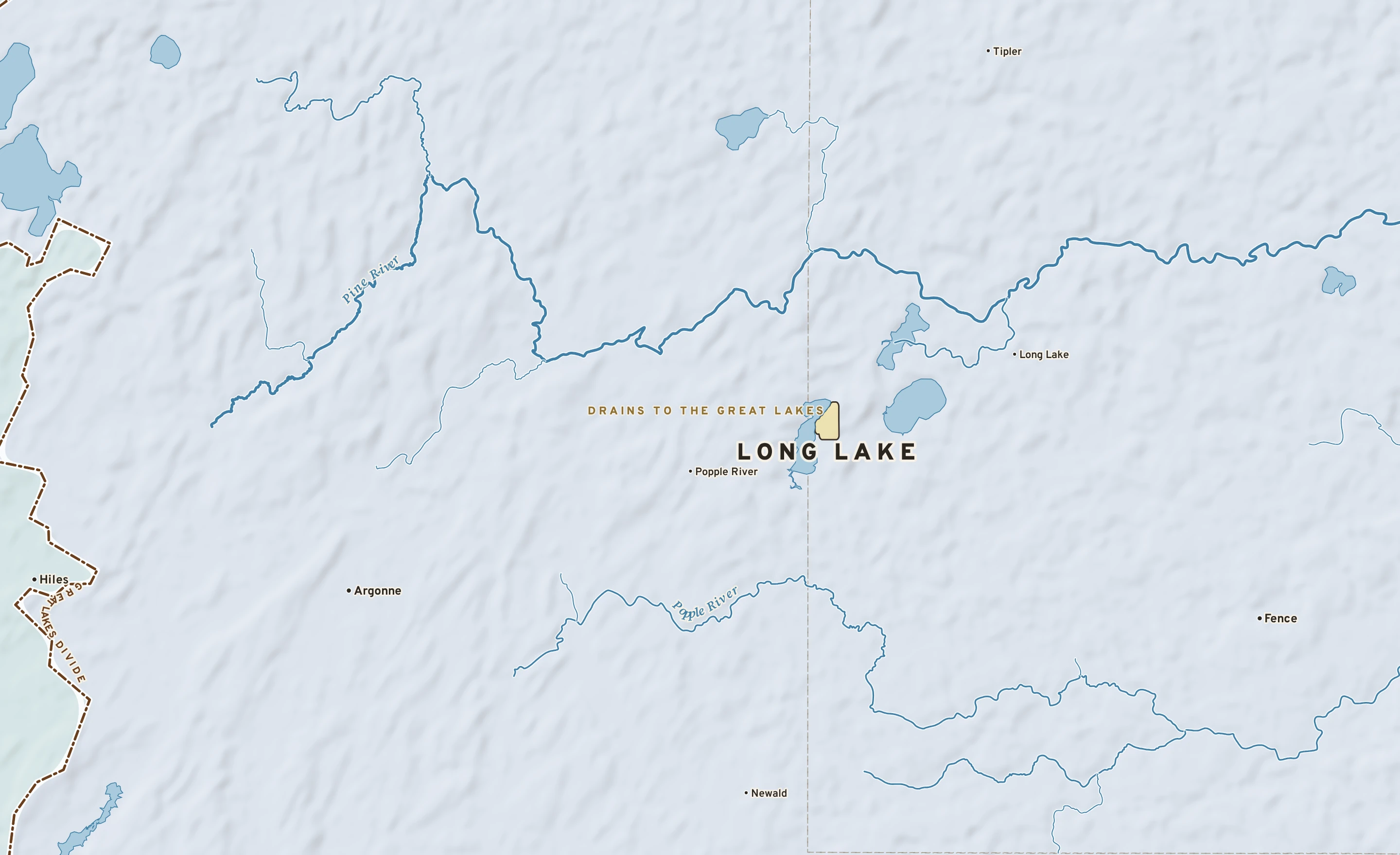 Shaded-relief atlas plate of Long Lake, Wisconsin: rivers, roads, the city limits and where the water drains.