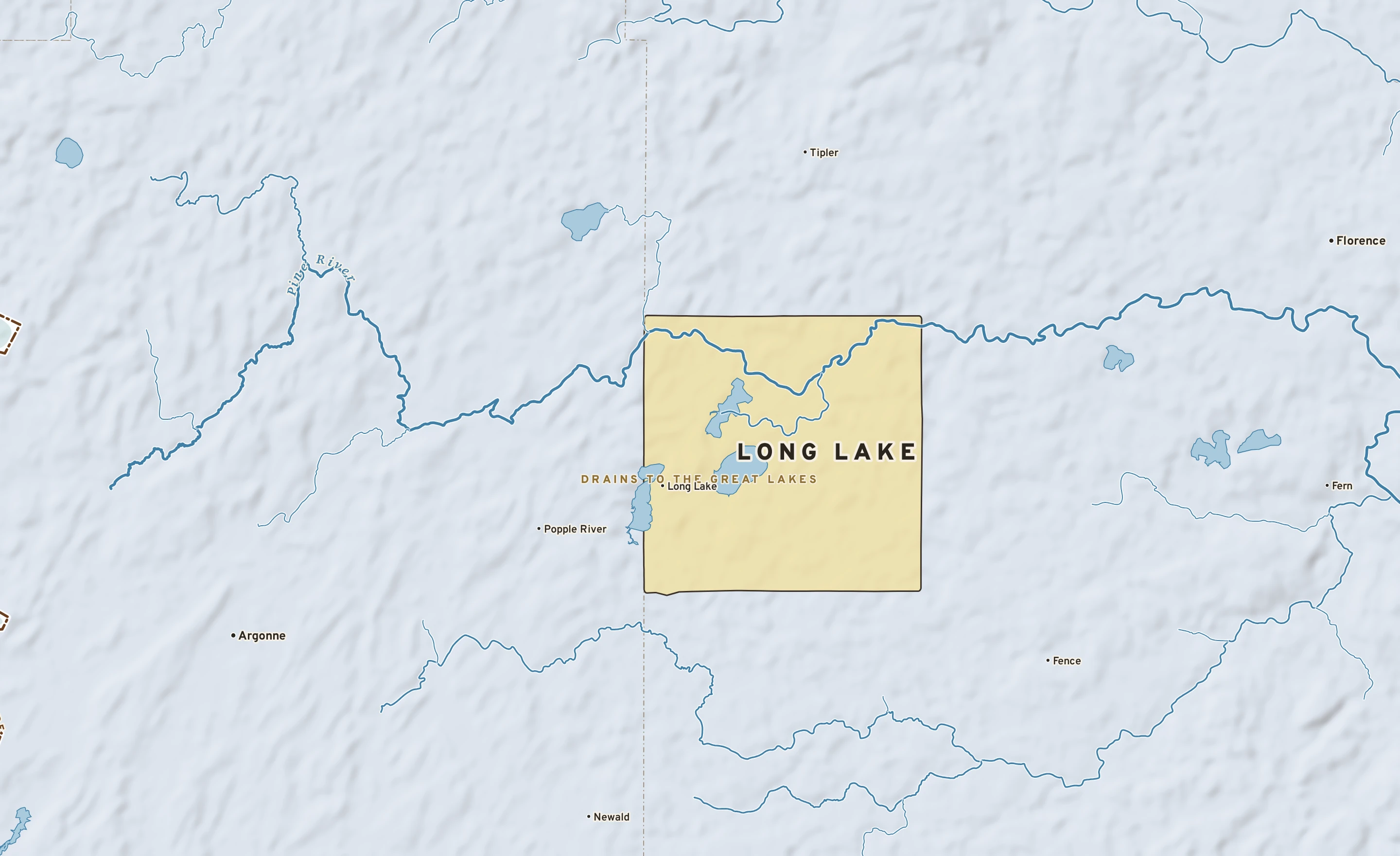 Shaded-relief atlas plate of Long Lake, Wisconsin: rivers, roads, the city limits and where the water drains.
