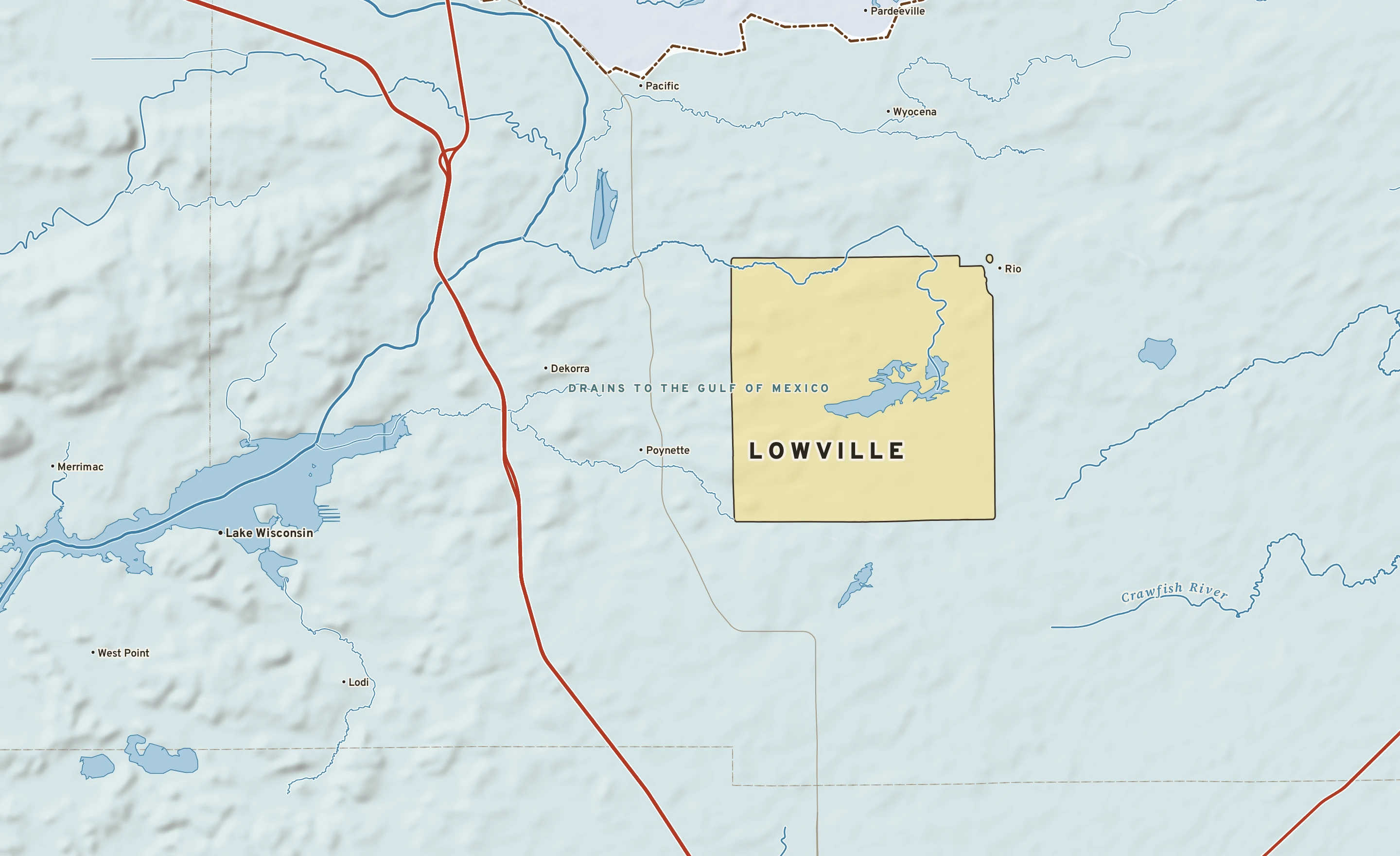 Shaded-relief atlas plate of Lowville, Wisconsin: rivers, roads, the city limits and where the water drains.