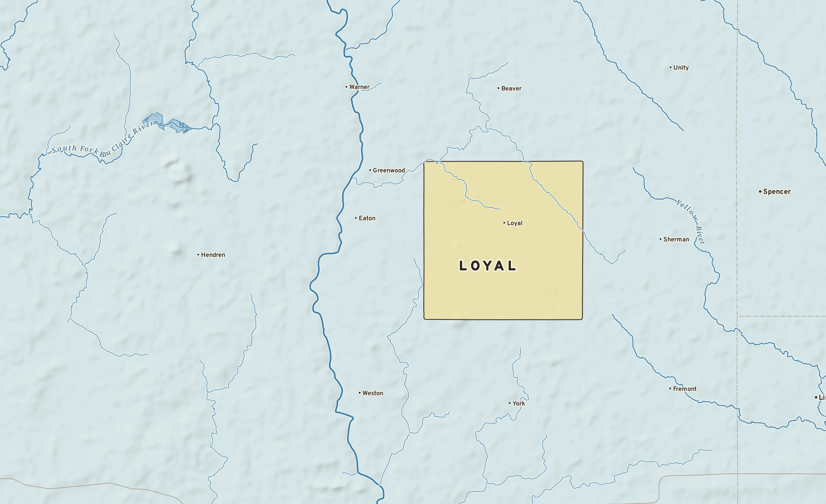 Shaded-relief atlas plate of Loyal, Wisconsin: rivers, roads, the city limits and where the water drains.