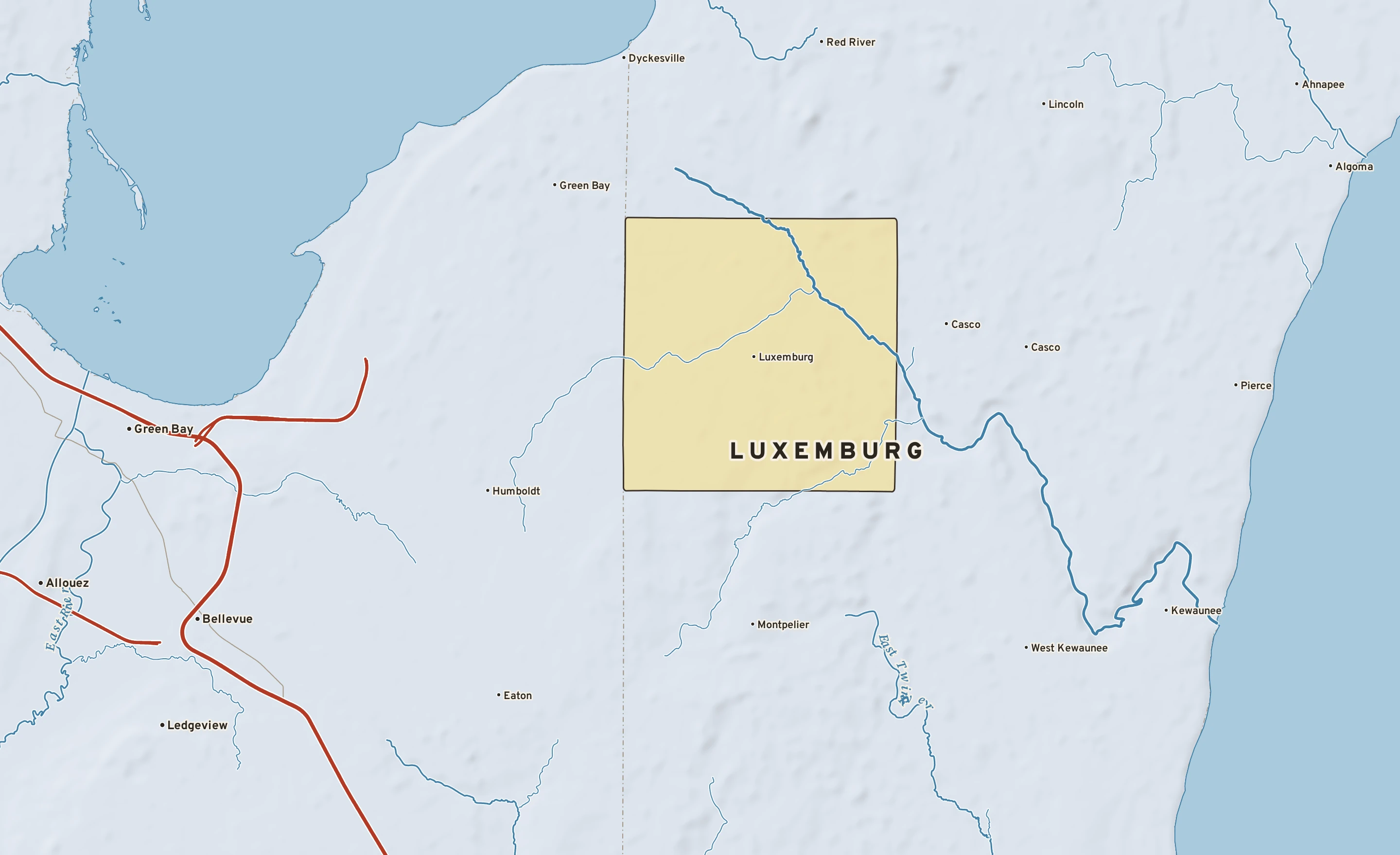 Shaded-relief atlas plate of Luxemburg, Wisconsin: rivers, roads, the city limits and where the water drains.