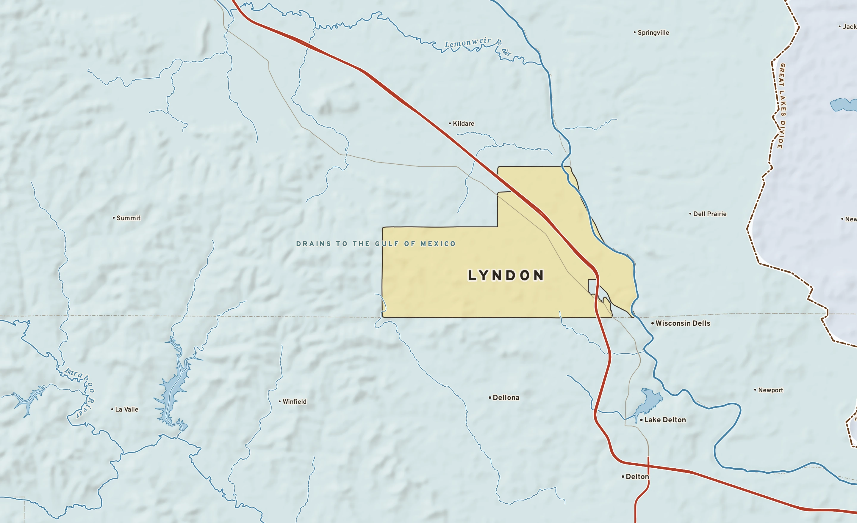 Shaded-relief atlas plate of Lyndon, Wisconsin: rivers, roads, the city limits and where the water drains.