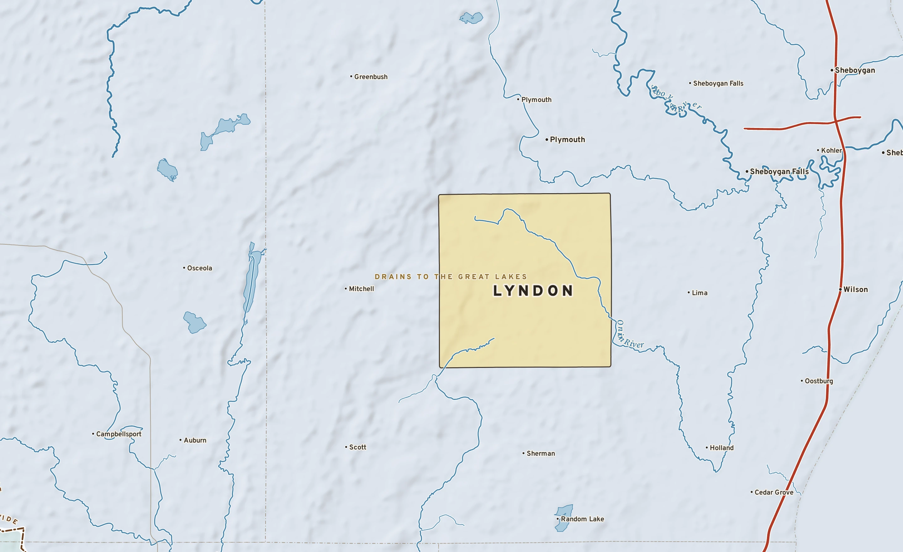 Shaded-relief atlas plate of Lyndon, Wisconsin: rivers, roads, the city limits and where the water drains.