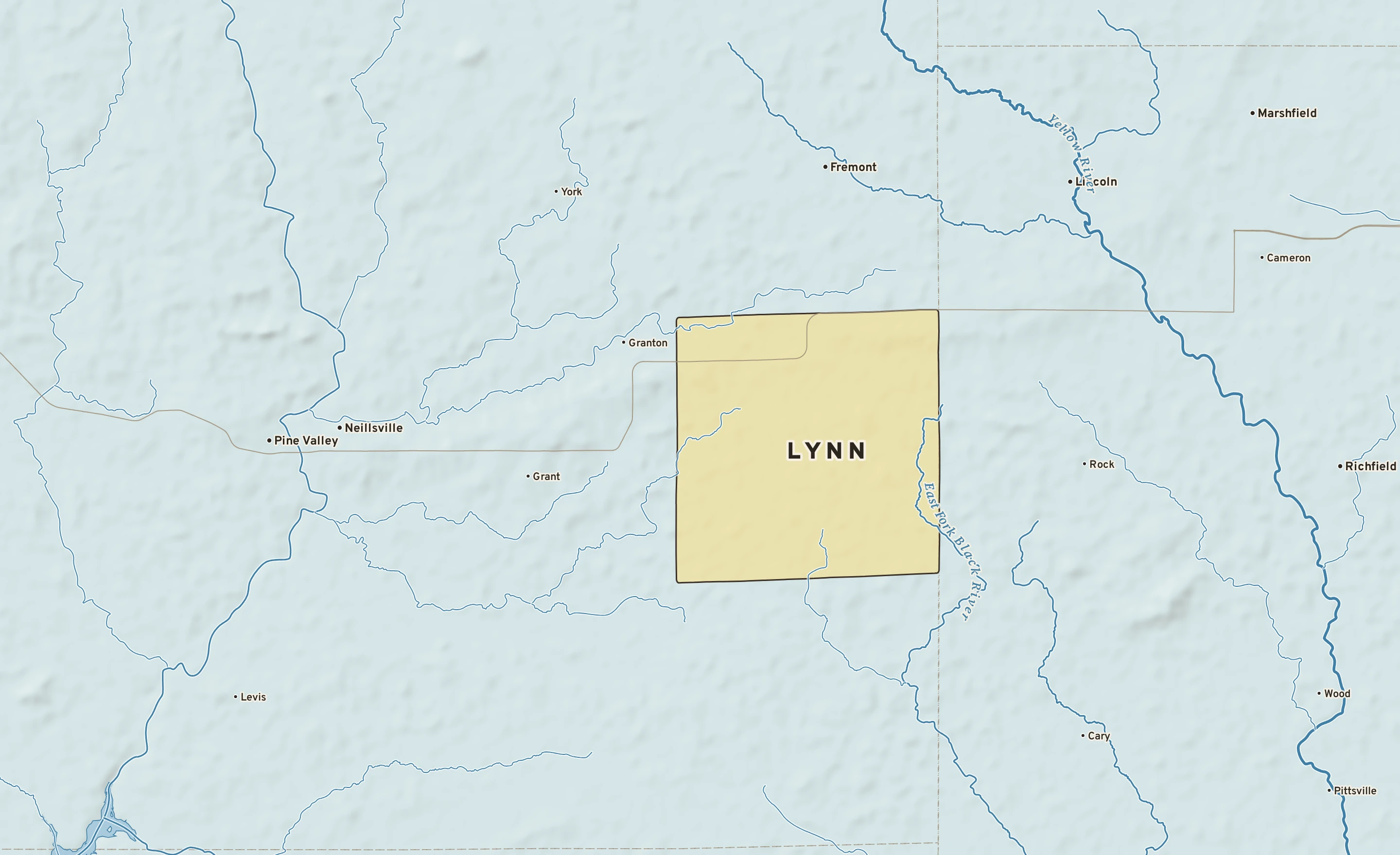Shaded-relief atlas plate of Lynn, Wisconsin: rivers, roads, the city limits and where the water drains.