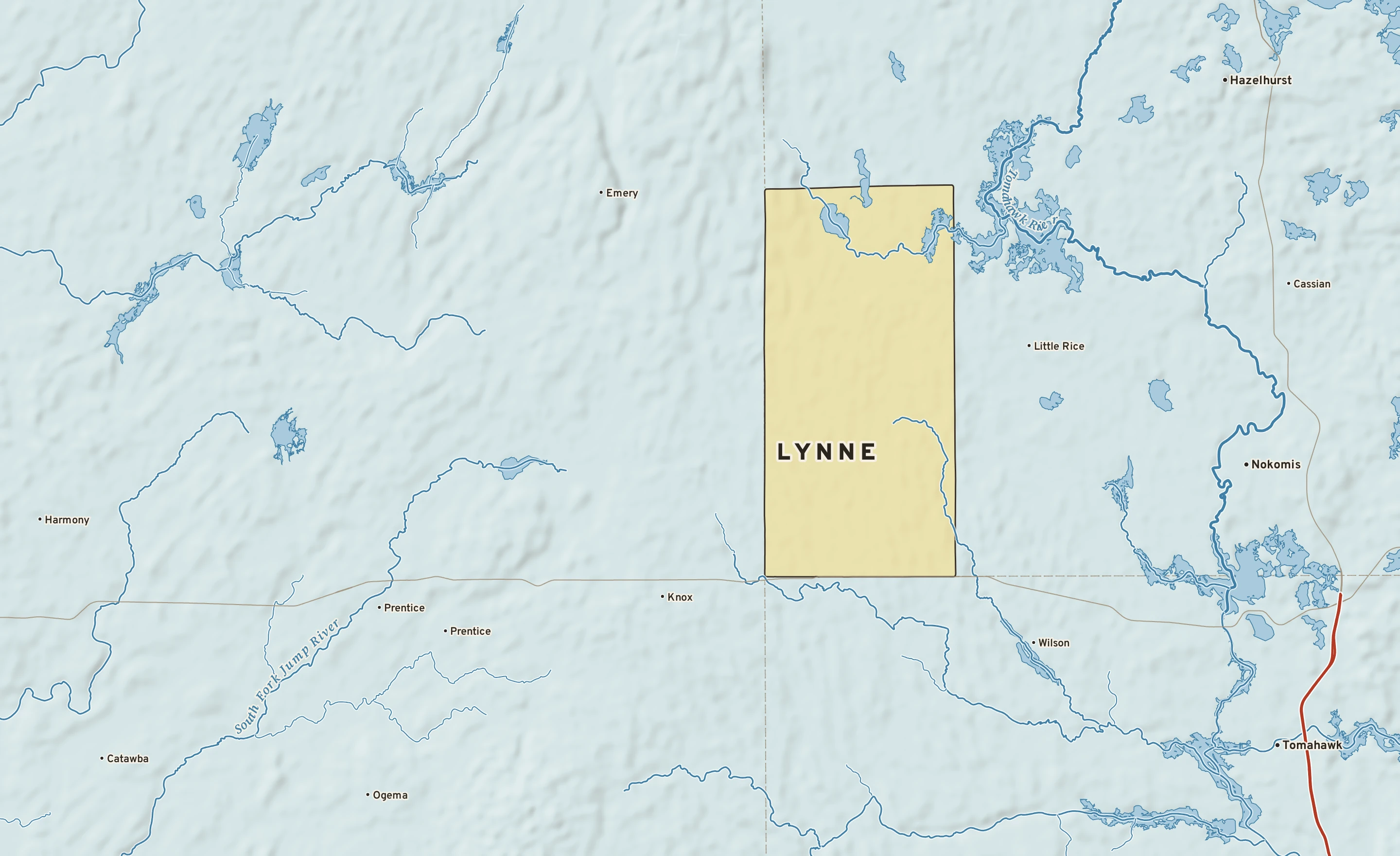 Shaded-relief atlas plate of Lynne, Wisconsin: rivers, roads, the city limits and where the water drains.