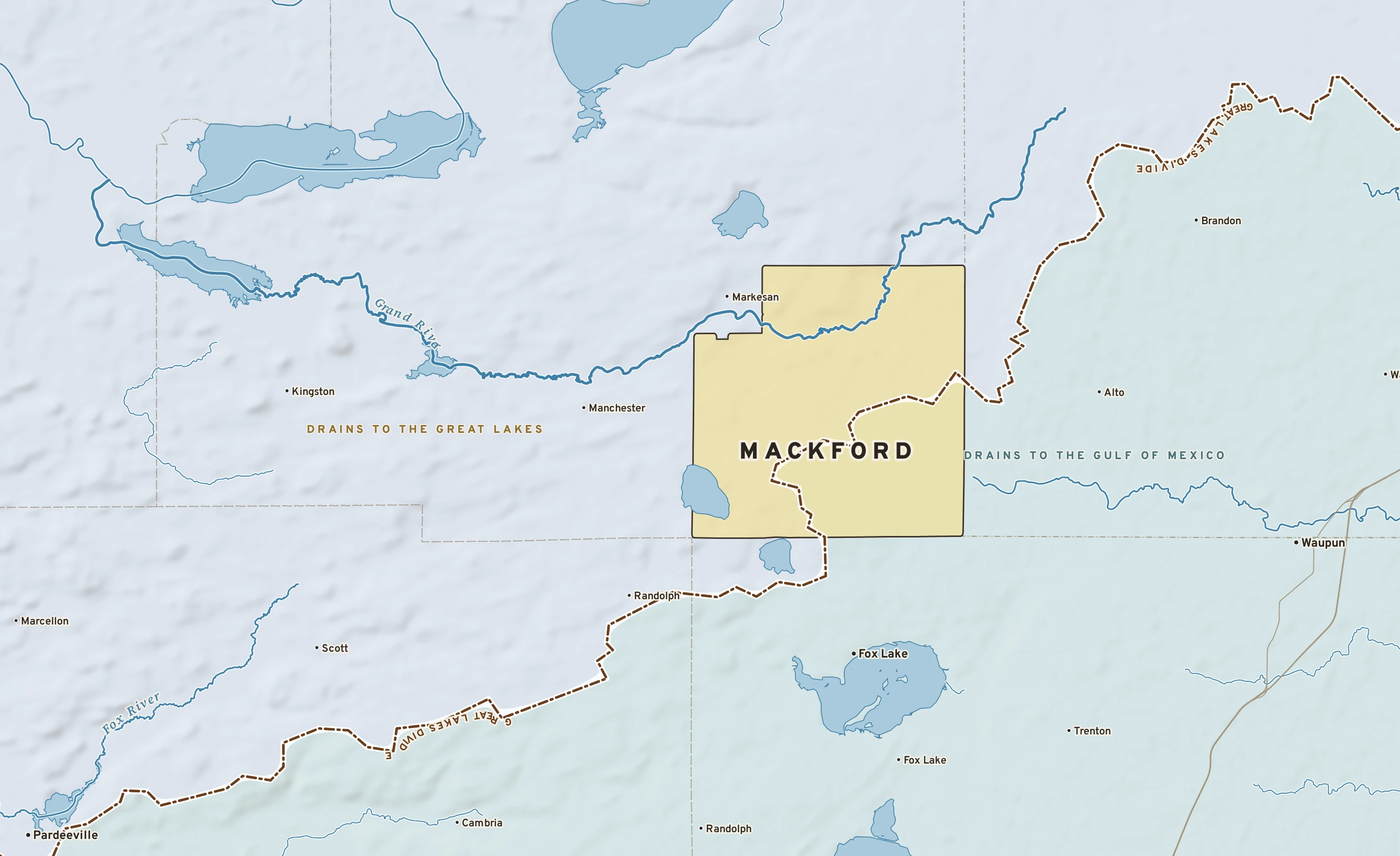 Shaded-relief atlas plate of Mackford, Wisconsin: rivers, roads, the city limits and where the water drains.