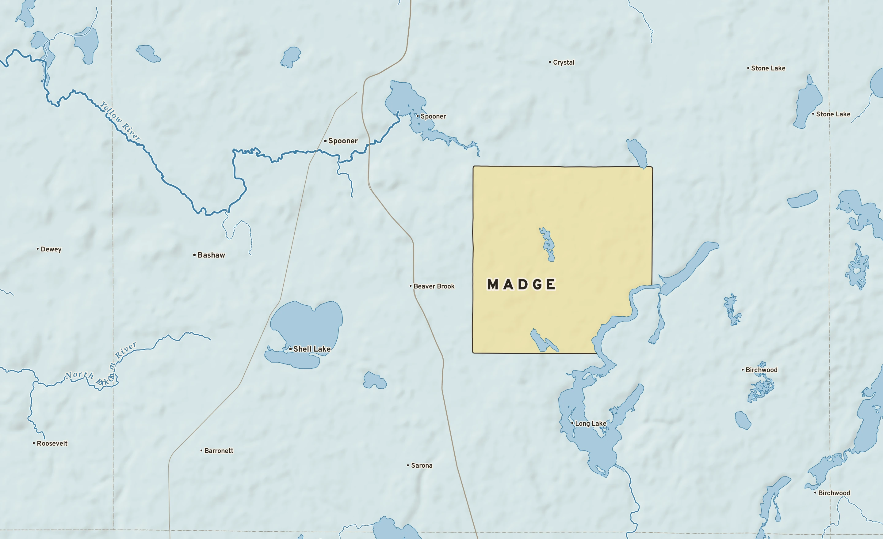 Shaded-relief atlas plate of Madge, Wisconsin: rivers, roads, the city limits and where the water drains.