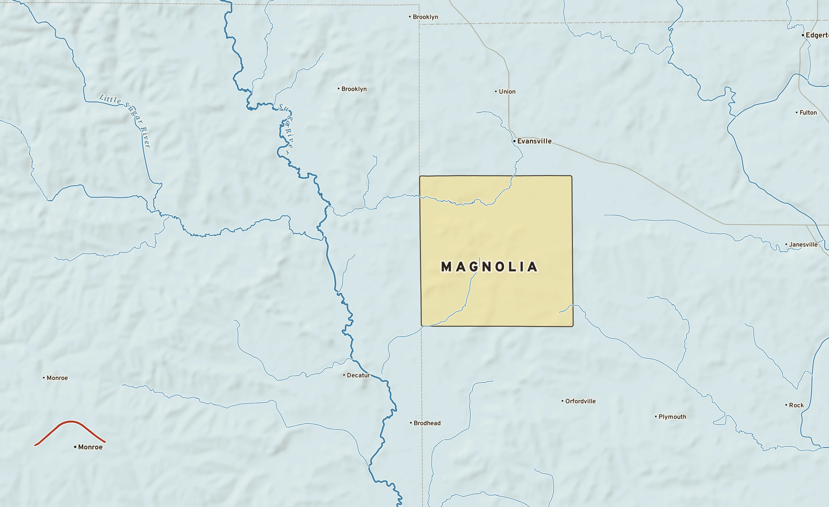 Shaded-relief atlas plate of Magnolia, Wisconsin: rivers, roads, the city limits and where the water drains.
