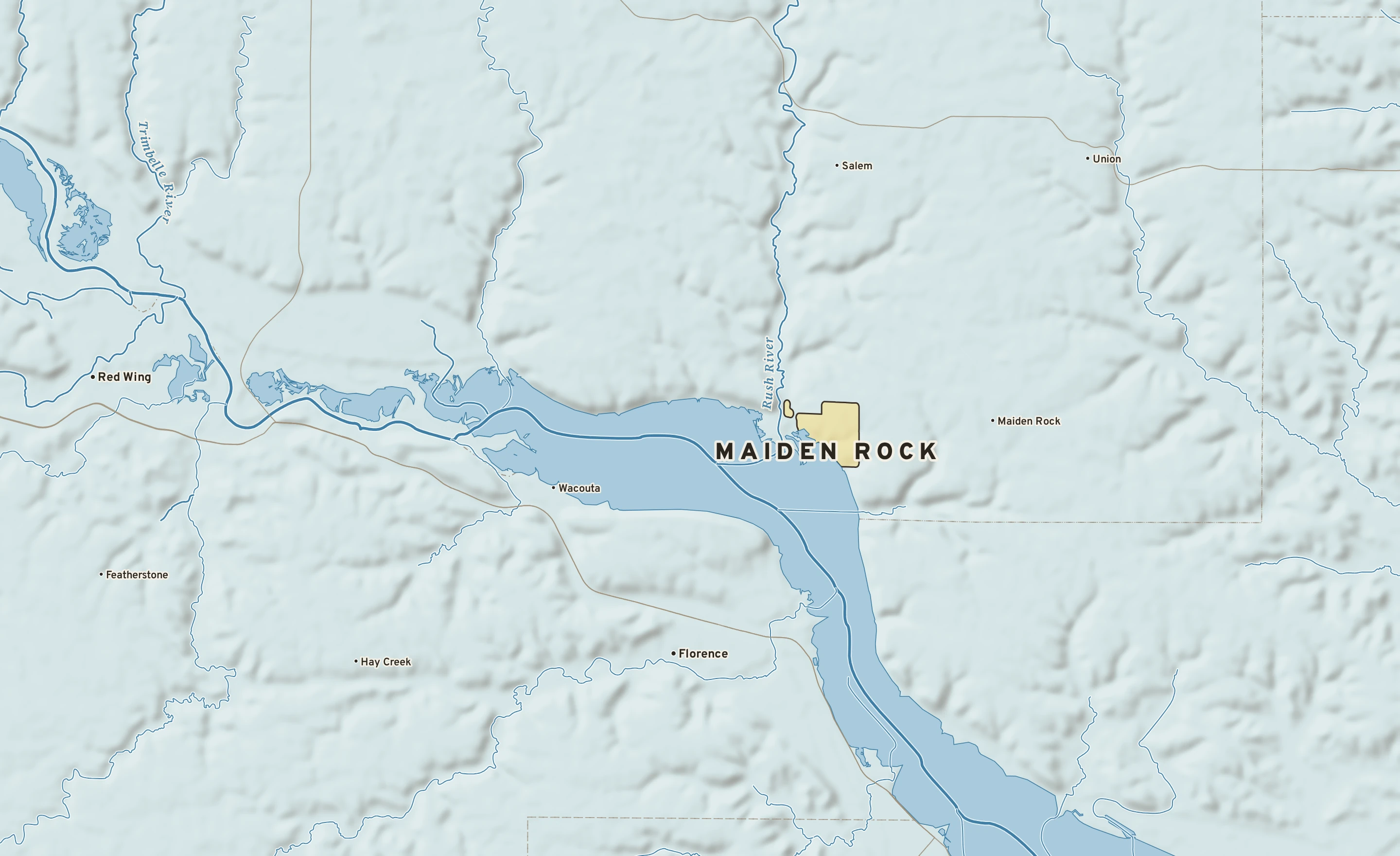 Shaded-relief atlas plate of Maiden Rock, Wisconsin: rivers, roads, the city limits and where the water drains.