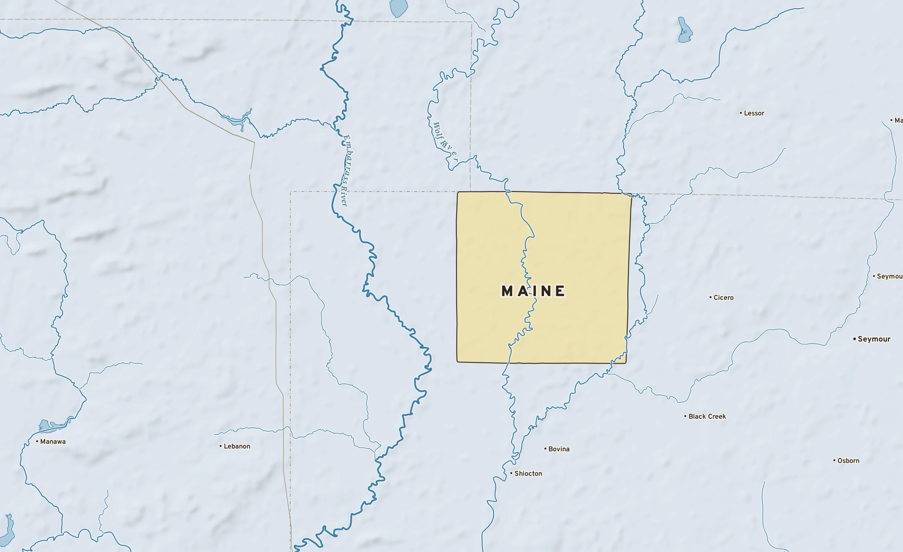 Shaded-relief atlas plate of Maine, Wisconsin: rivers, roads, the city limits and where the water drains.