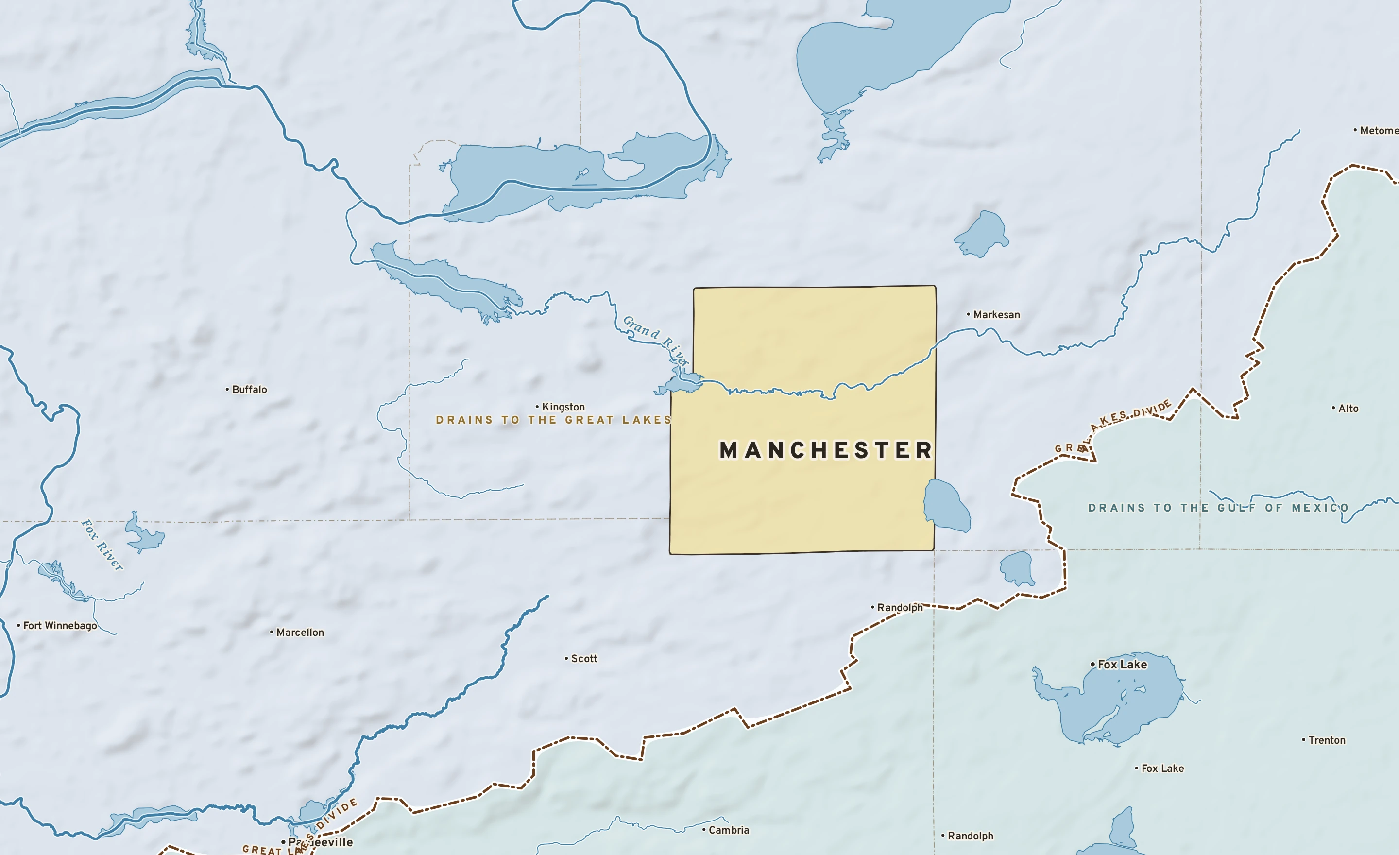 Shaded-relief atlas plate of Manchester, Wisconsin: rivers, roads, the city limits and where the water drains.