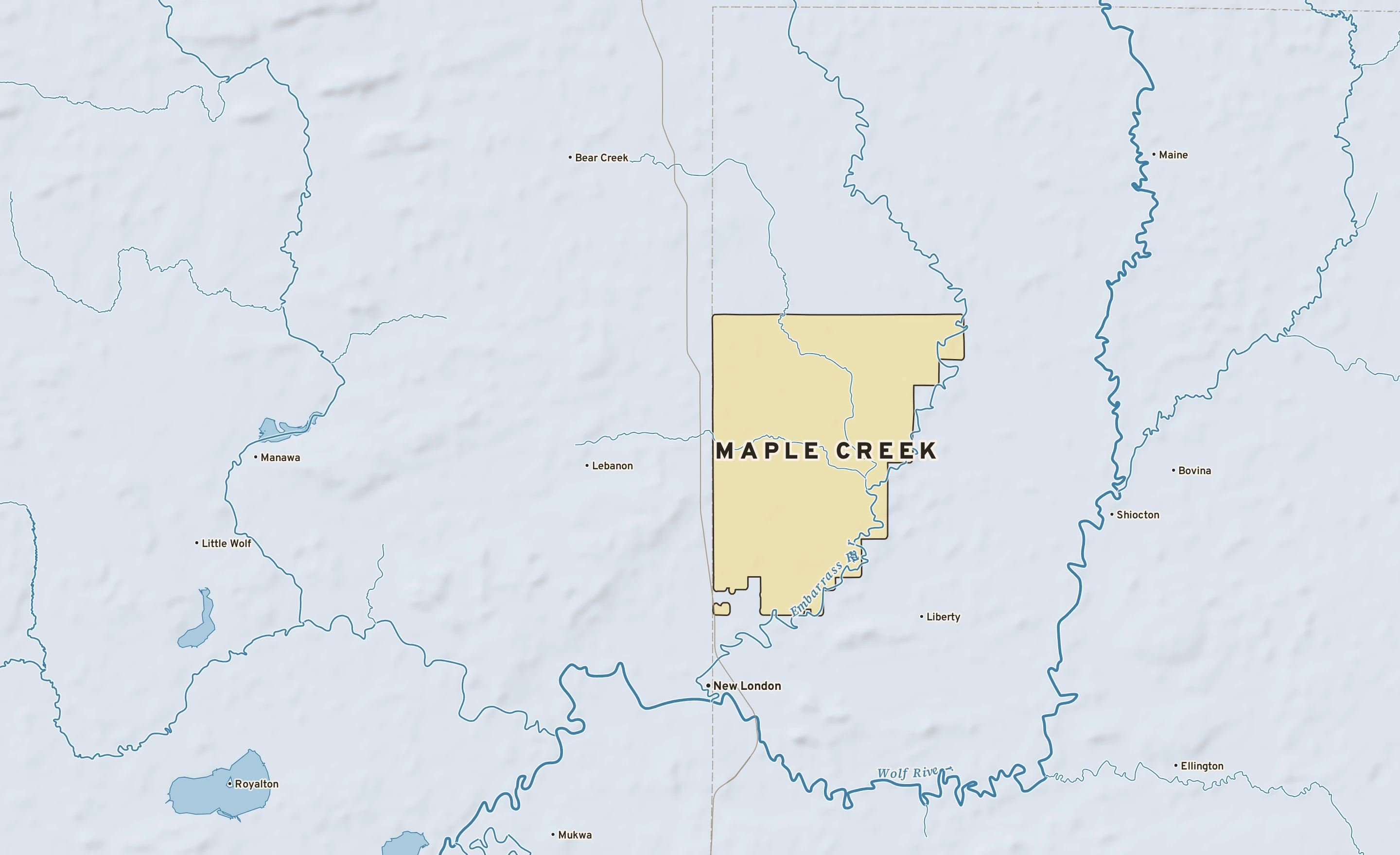 Shaded-relief atlas plate of Maple Creek, Wisconsin: rivers, roads, the city limits and where the water drains.