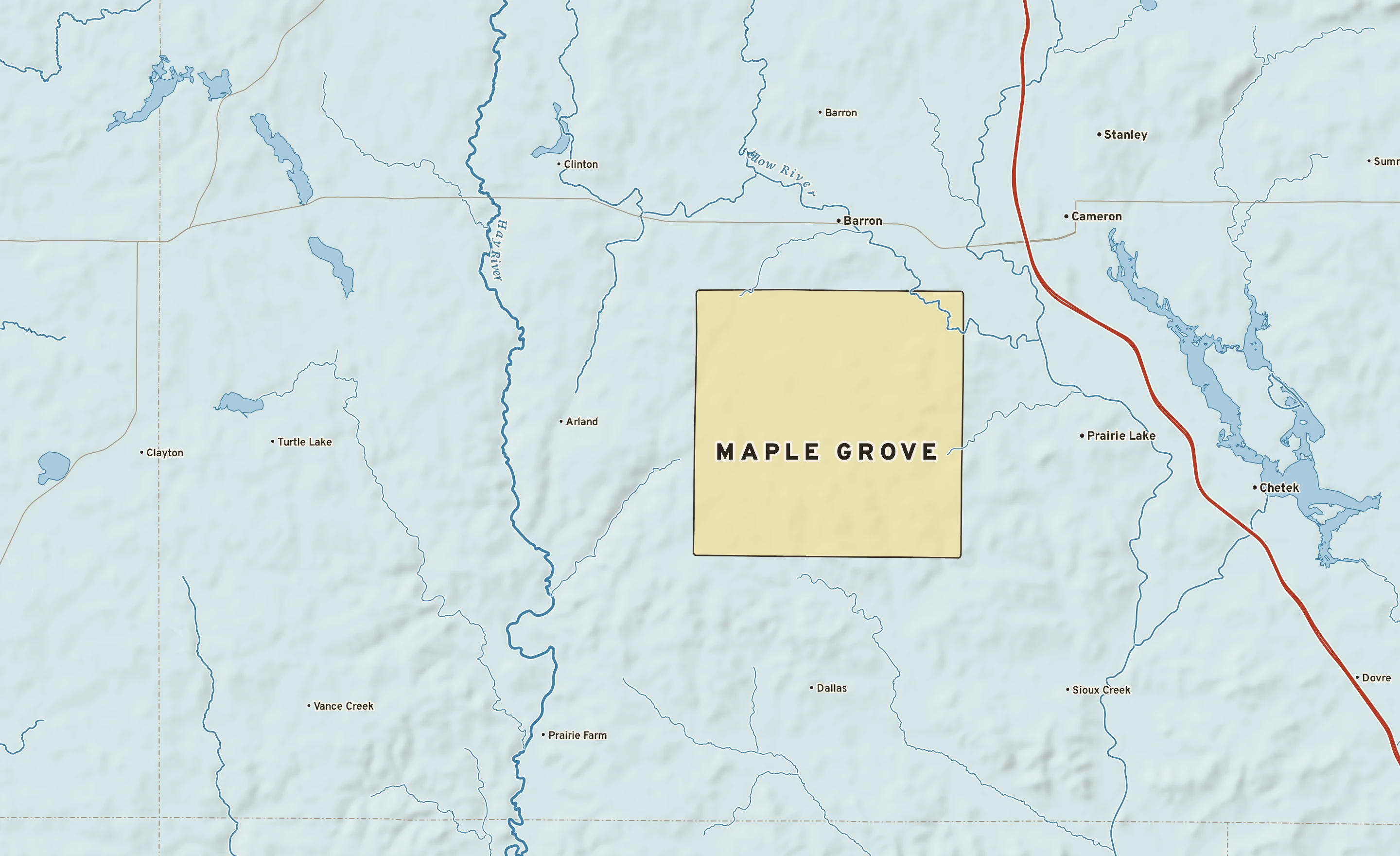 Shaded-relief atlas plate of Maple Grove, Wisconsin: rivers, roads, the city limits and where the water drains.
