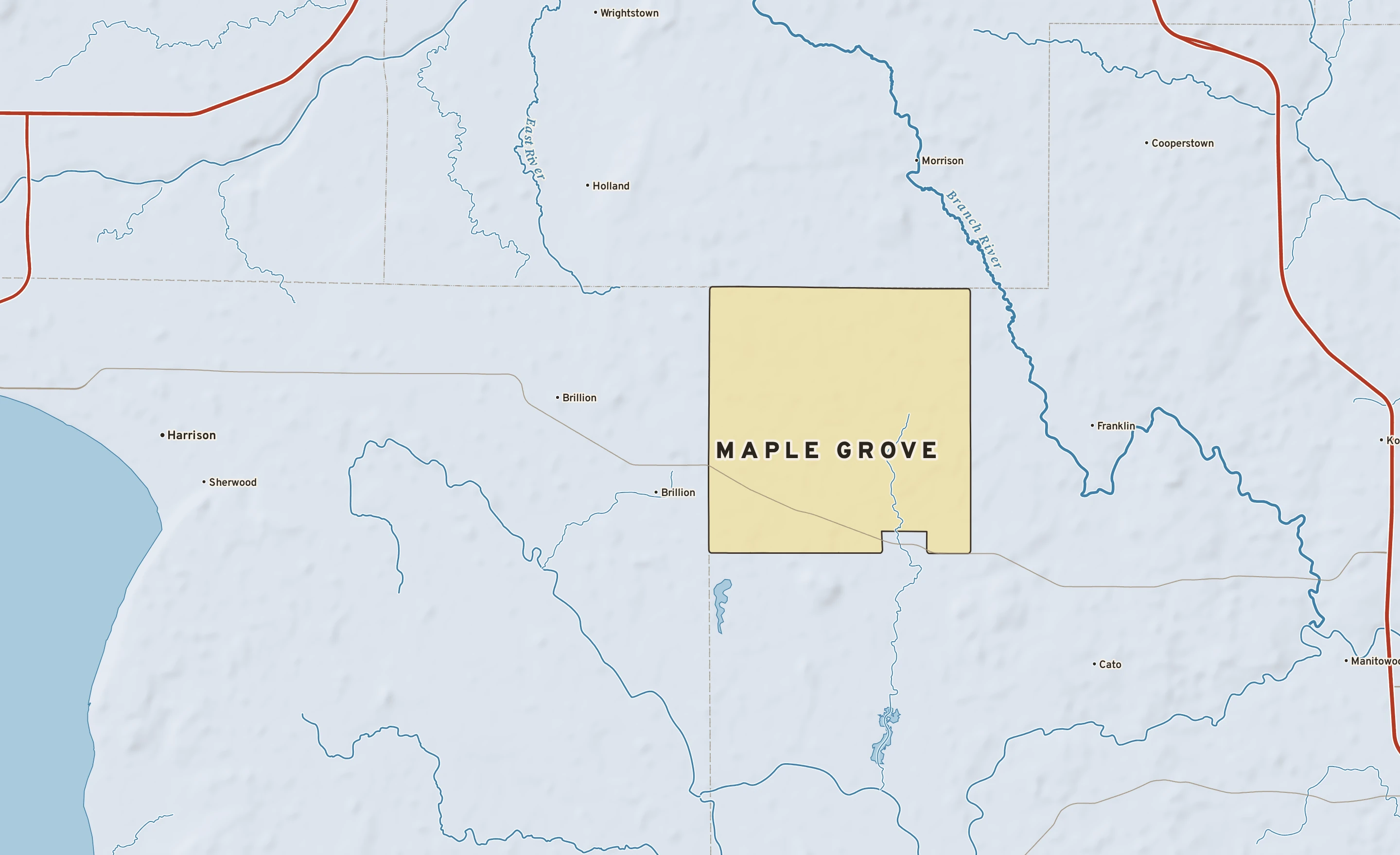 Shaded-relief atlas plate of Maple Grove, Wisconsin: rivers, roads, the city limits and where the water drains.
