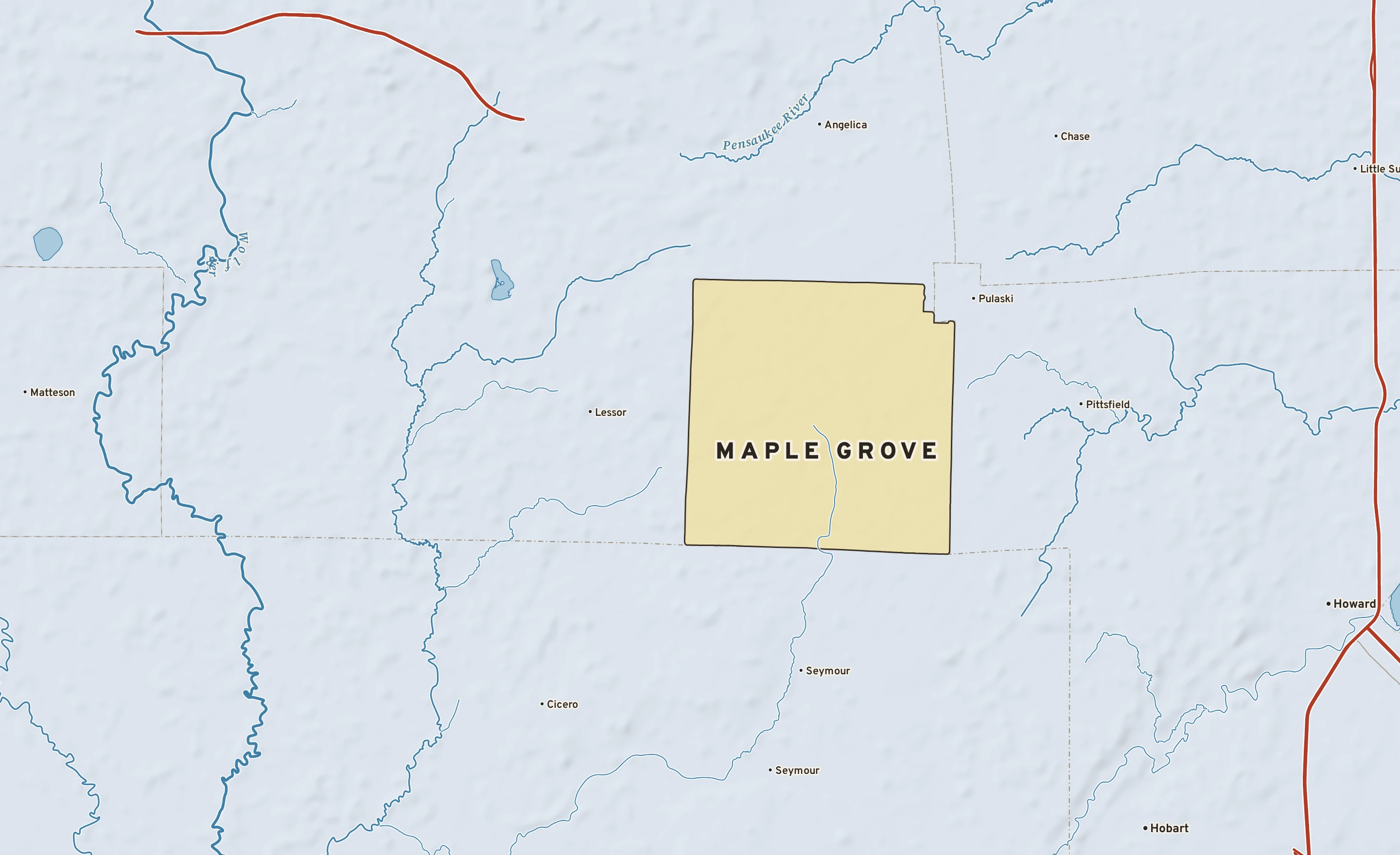 Shaded-relief atlas plate of Maple Grove, Wisconsin: rivers, roads, the city limits and where the water drains.