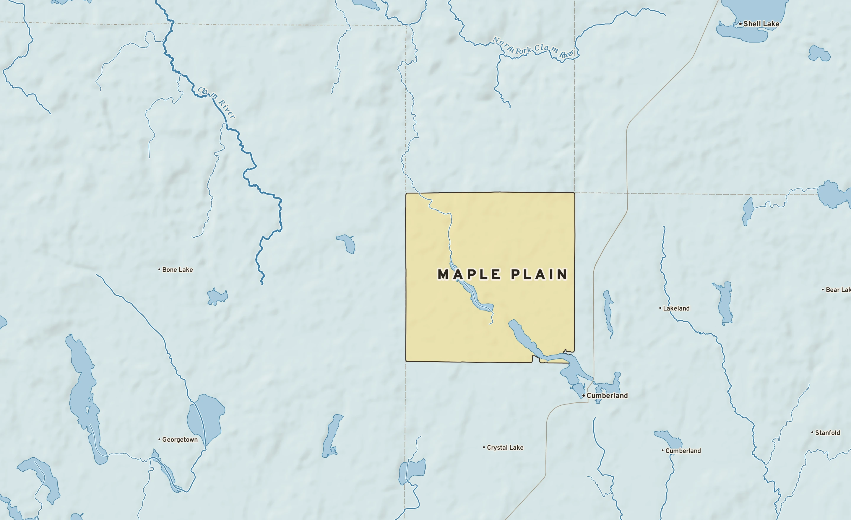 Shaded-relief atlas plate of Maple Plain, Wisconsin: rivers, roads, the city limits and where the water drains.