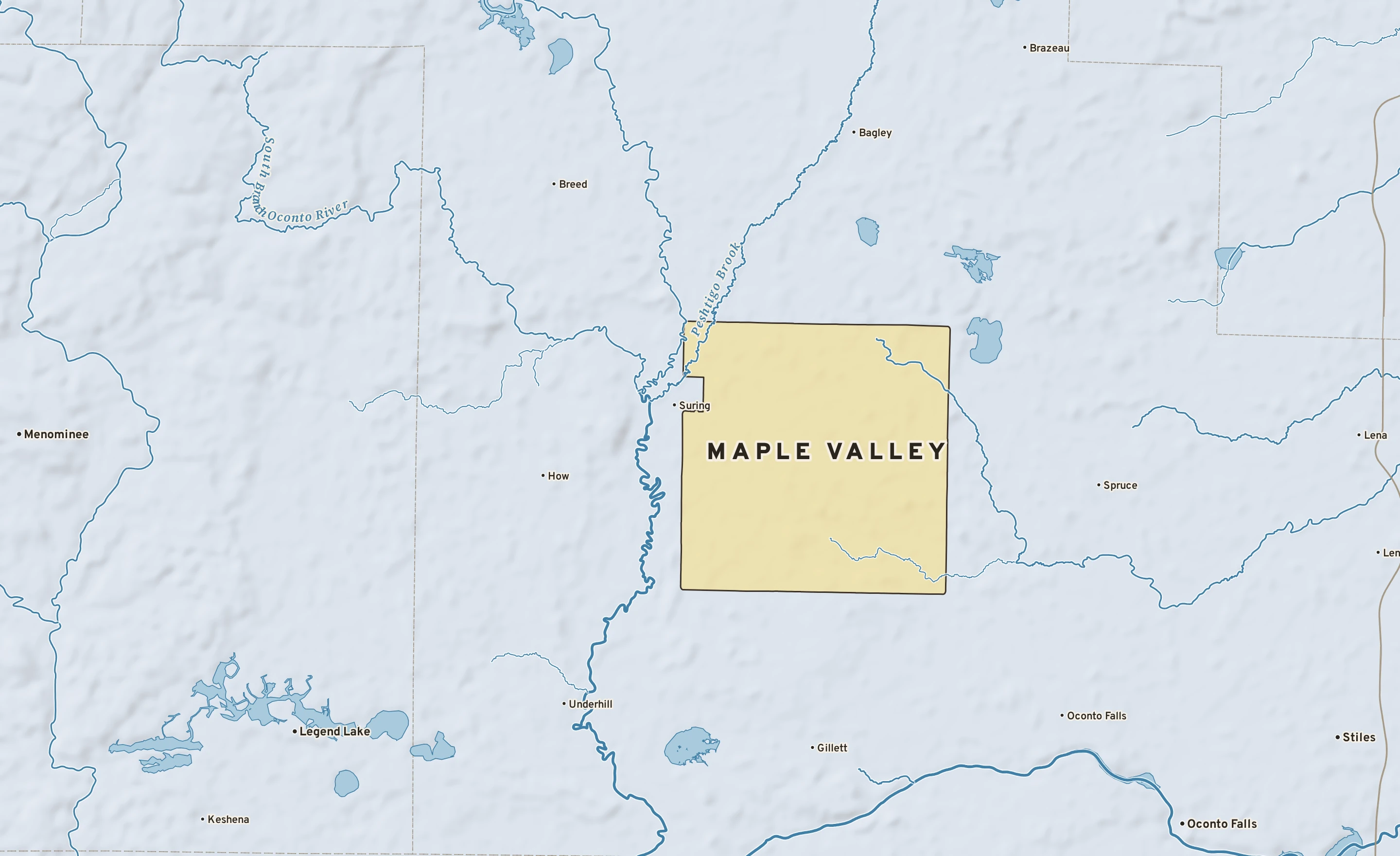 Shaded-relief atlas plate of Maple Valley, Wisconsin: rivers, roads, the city limits and where the water drains.