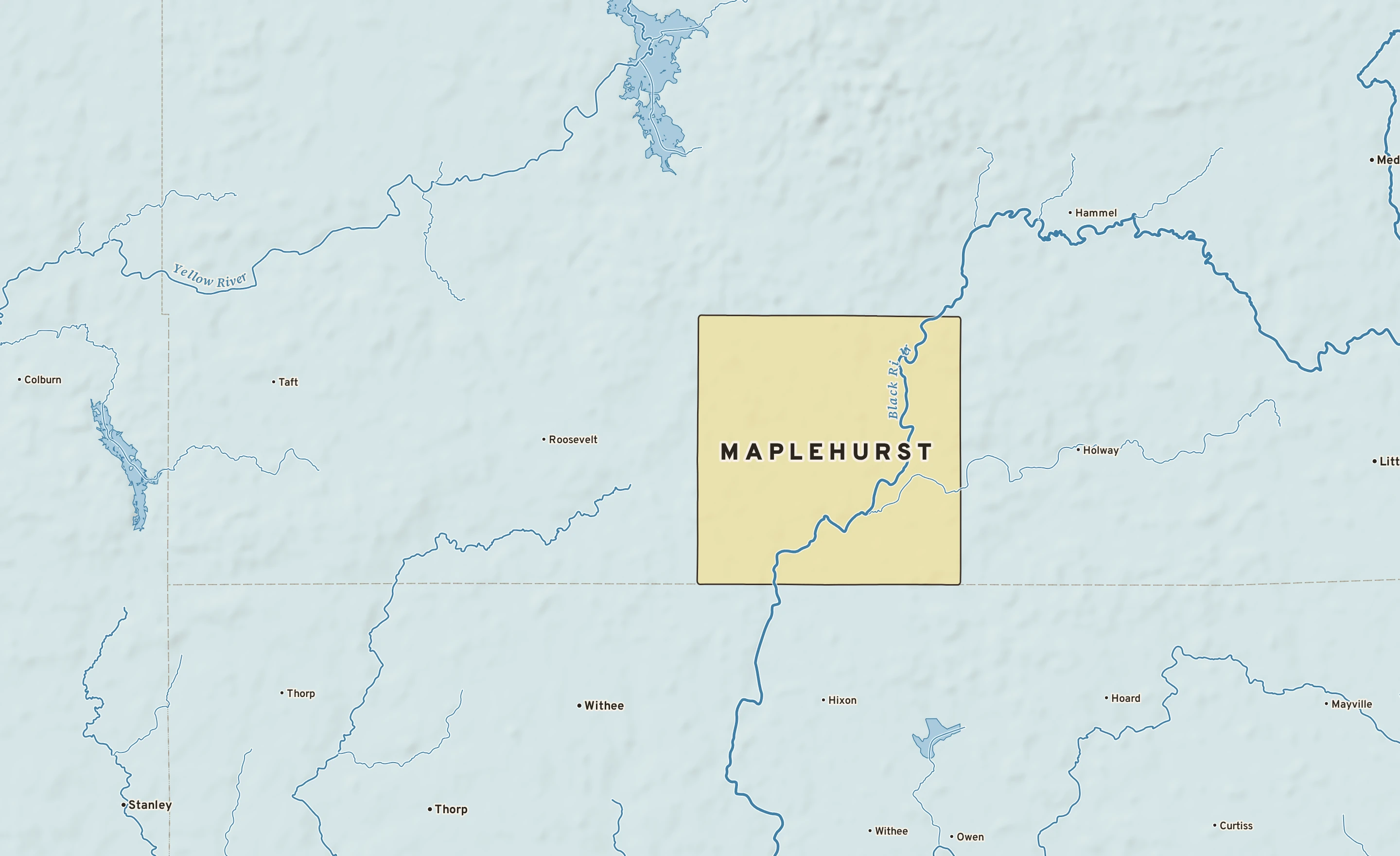 Shaded-relief atlas plate of Maplehurst, Wisconsin: rivers, roads, the city limits and where the water drains.