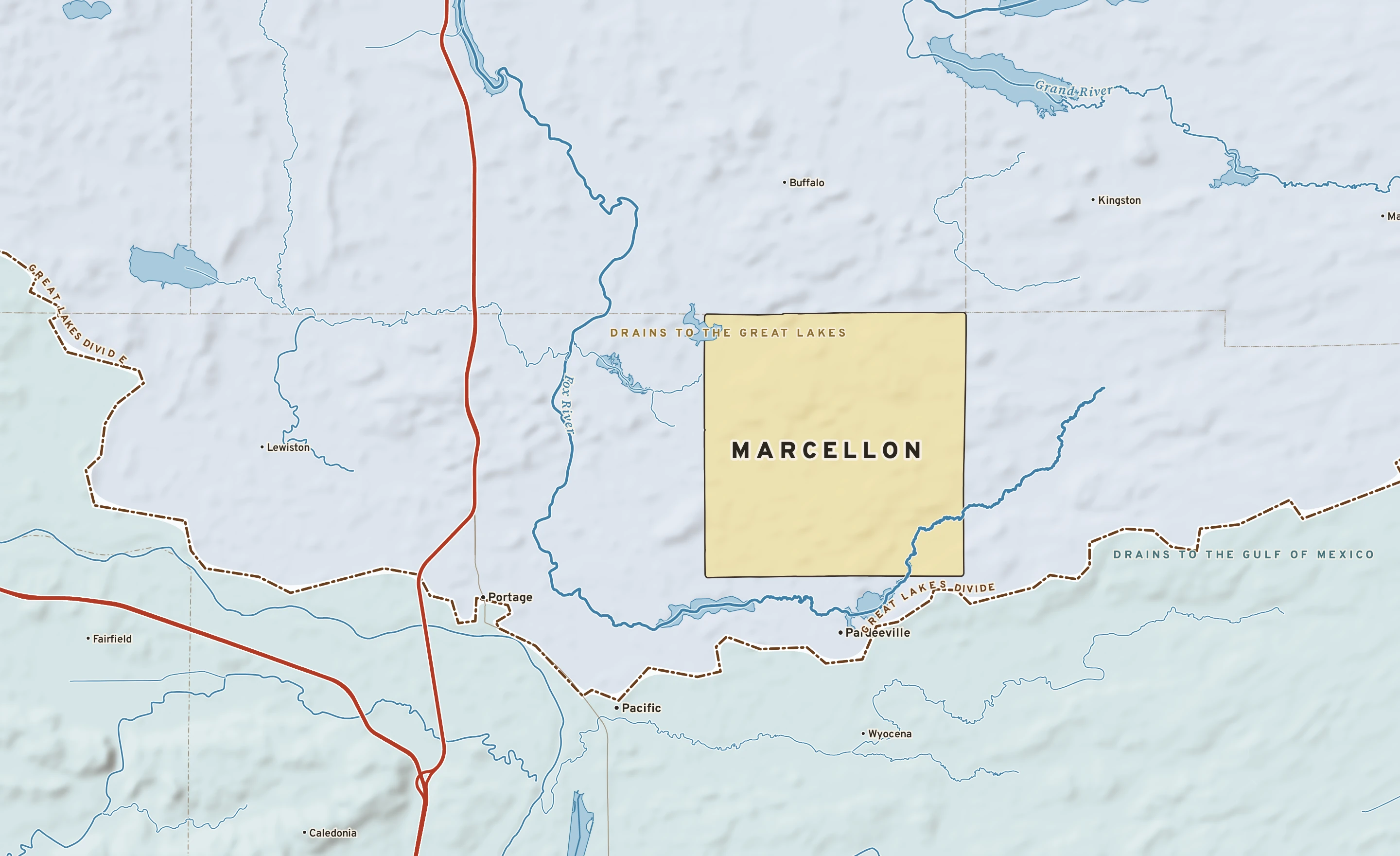 Shaded-relief atlas plate of Marcellon, Wisconsin: rivers, roads, the city limits and where the water drains.