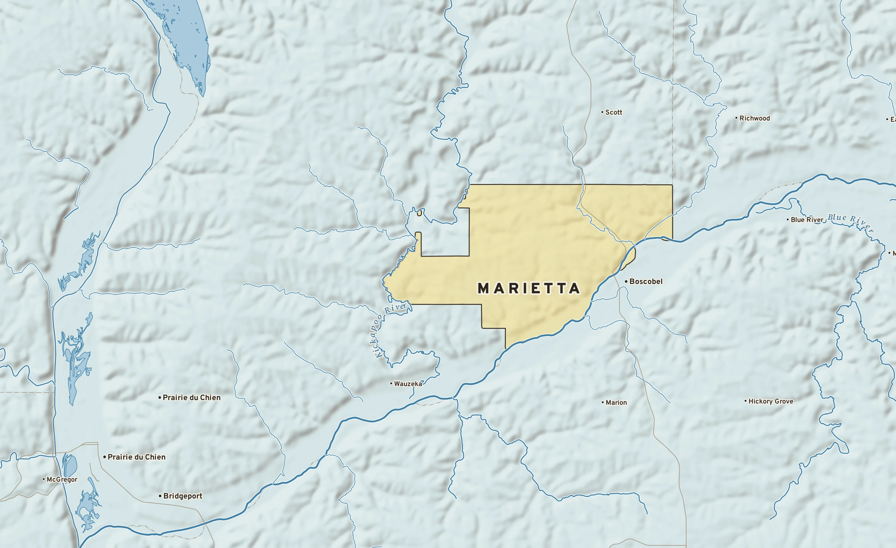 Shaded-relief atlas plate of Marietta, Wisconsin: rivers, roads, the city limits and where the water drains.