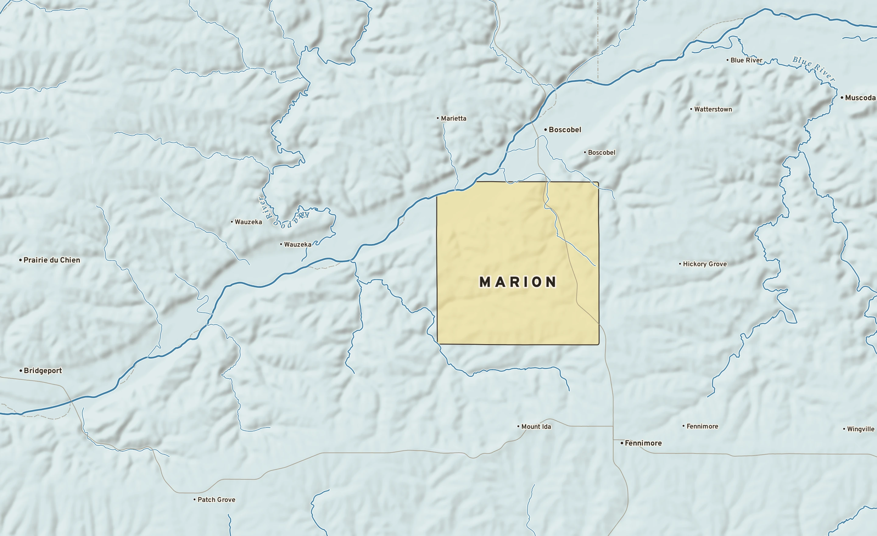 Shaded-relief atlas plate of Marion, Wisconsin: rivers, roads, the city limits and where the water drains.
