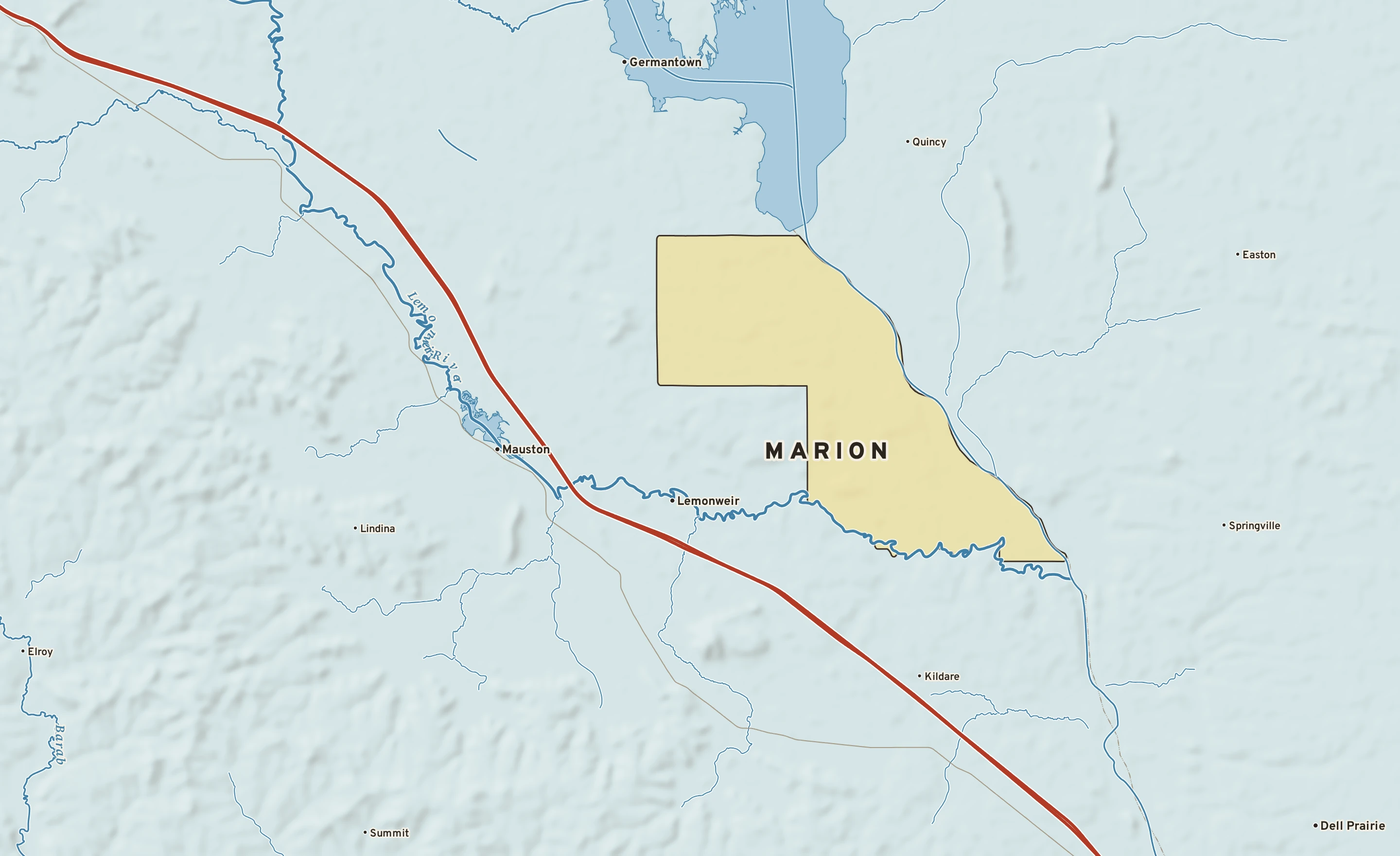 Shaded-relief atlas plate of Marion, Wisconsin: rivers, roads, the city limits and where the water drains.
