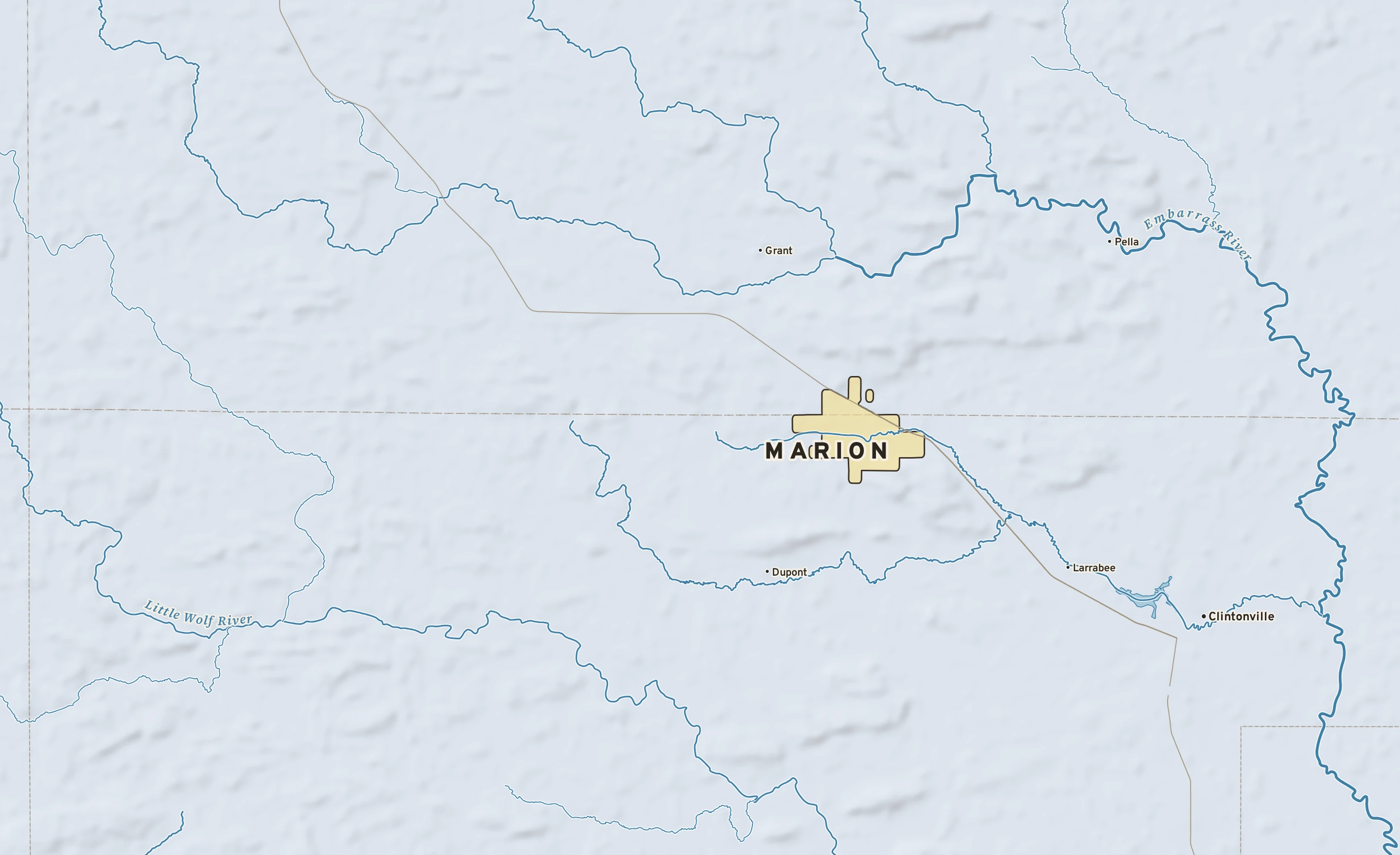 Shaded-relief atlas plate of Marion, Wisconsin: rivers, roads, the city limits and where the water drains.