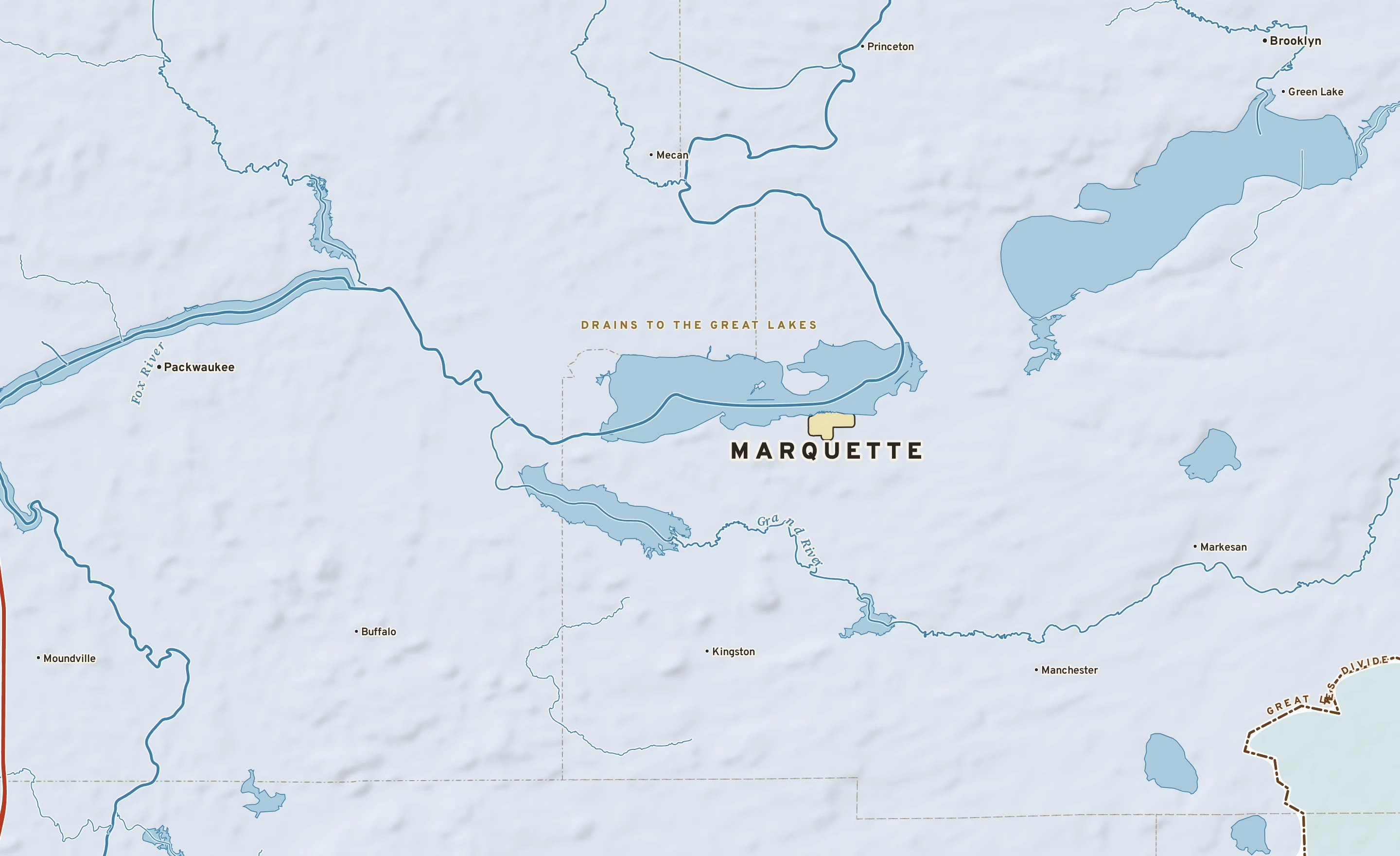 Shaded-relief atlas plate of Marquette, Wisconsin: rivers, roads, the city limits and where the water drains.