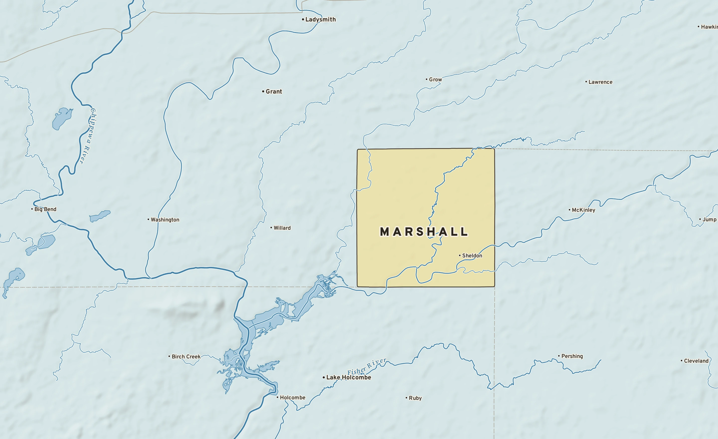 Shaded-relief atlas plate of Marshall, Wisconsin: rivers, roads, the city limits and where the water drains.