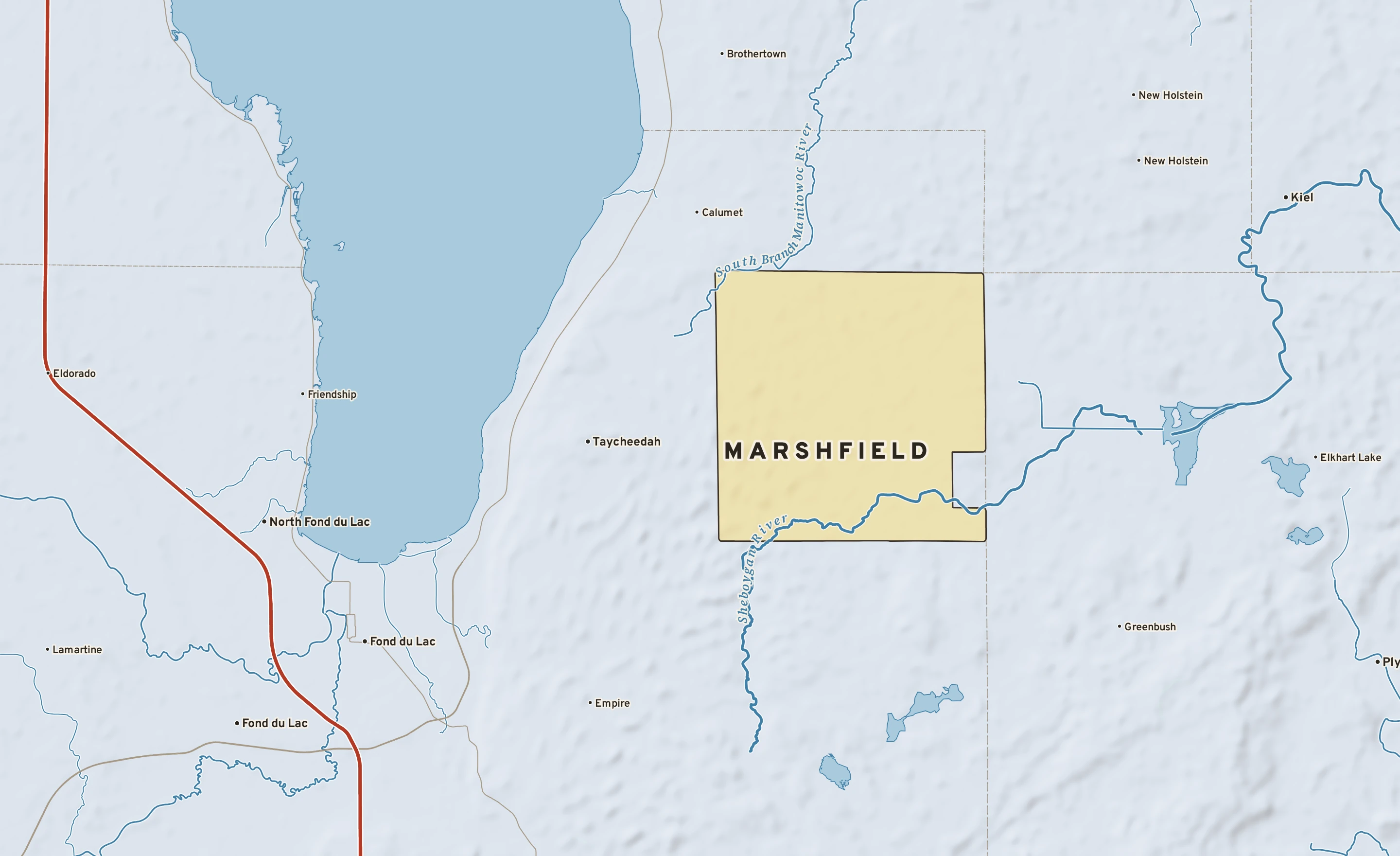 Shaded-relief atlas plate of Marshfield, Wisconsin: rivers, roads, the city limits and where the water drains.