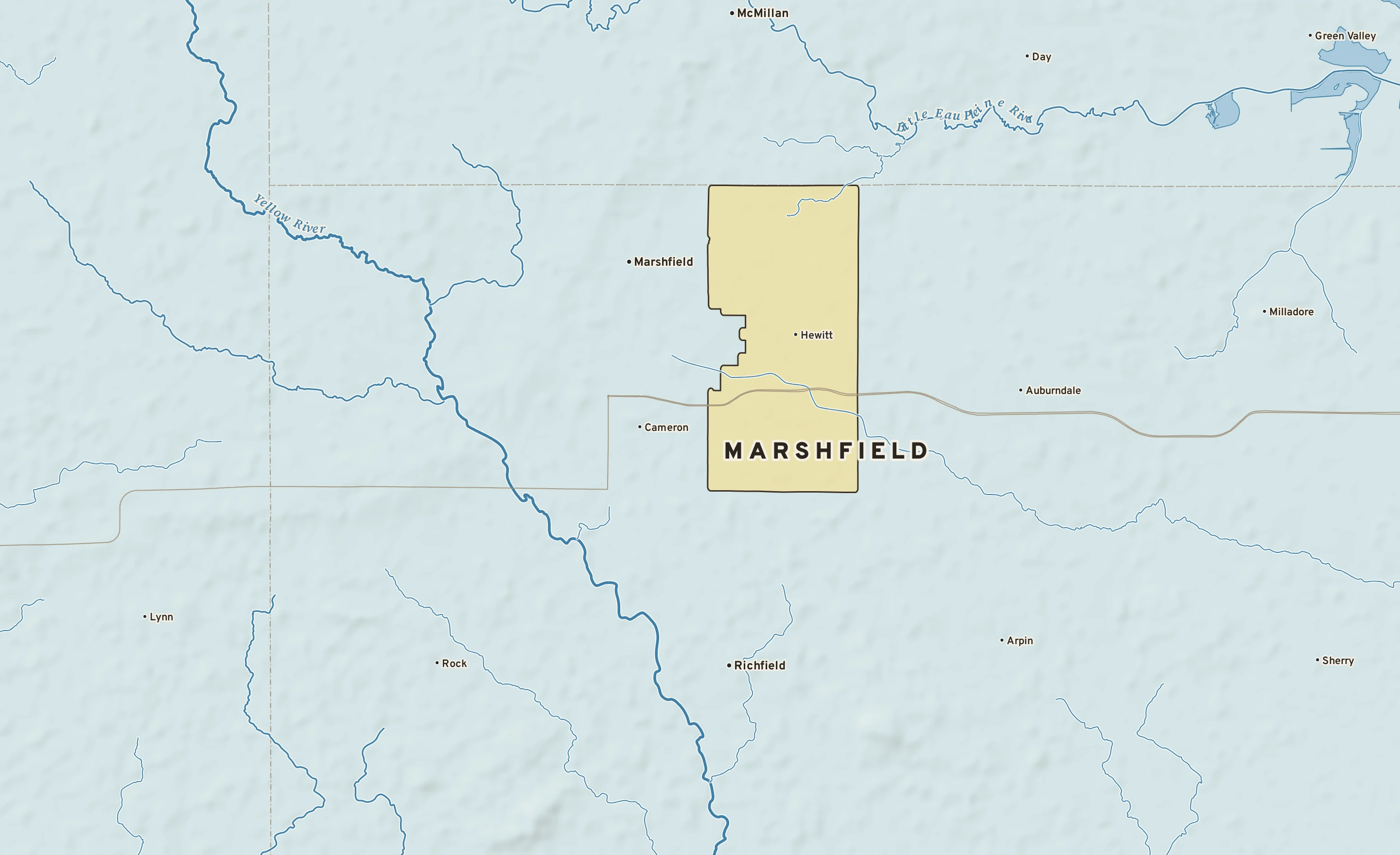 Shaded-relief atlas plate of Marshfield, Wisconsin: rivers, roads, the city limits and where the water drains.