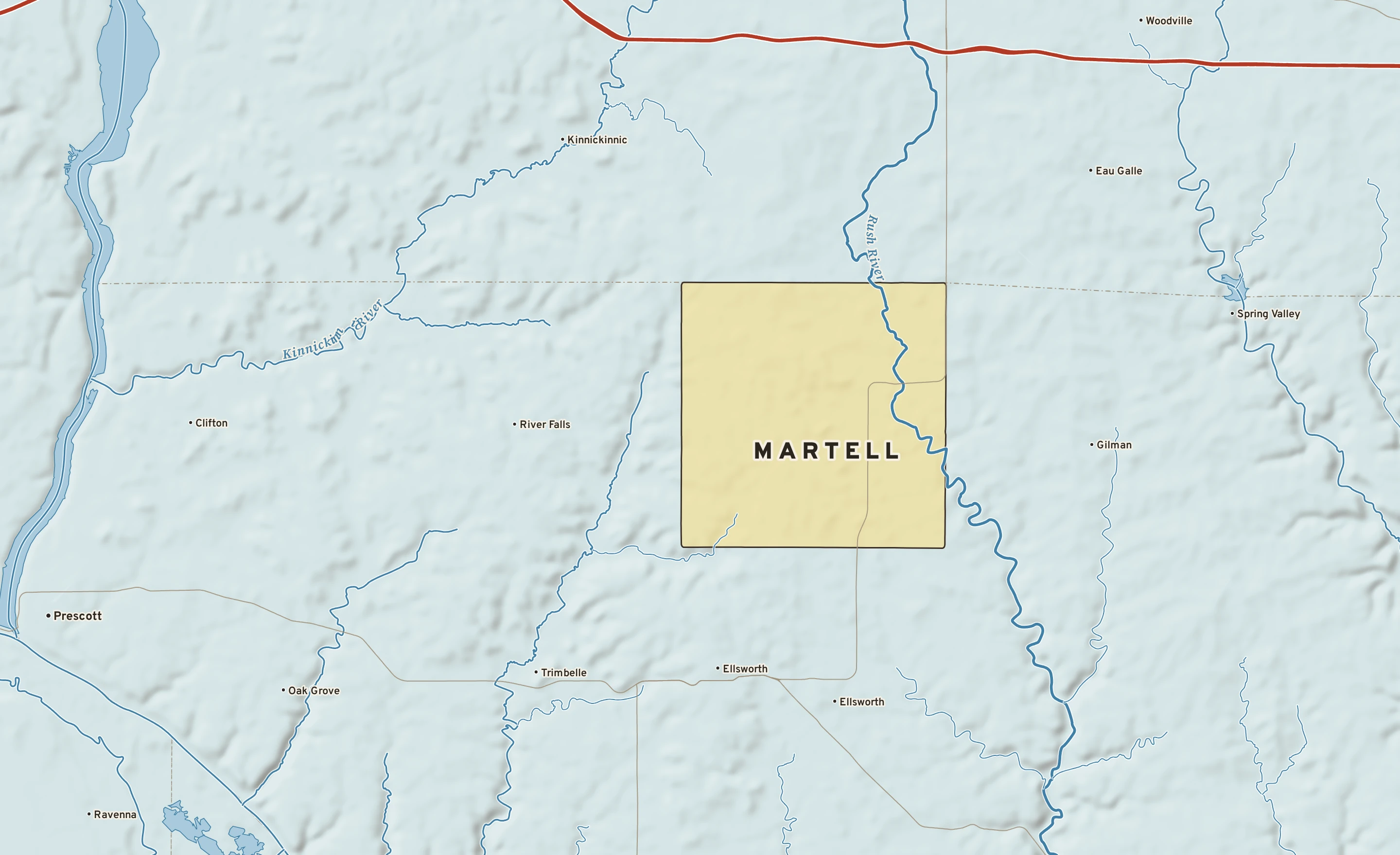 Shaded-relief atlas plate of Martell, Wisconsin: rivers, roads, the city limits and where the water drains.