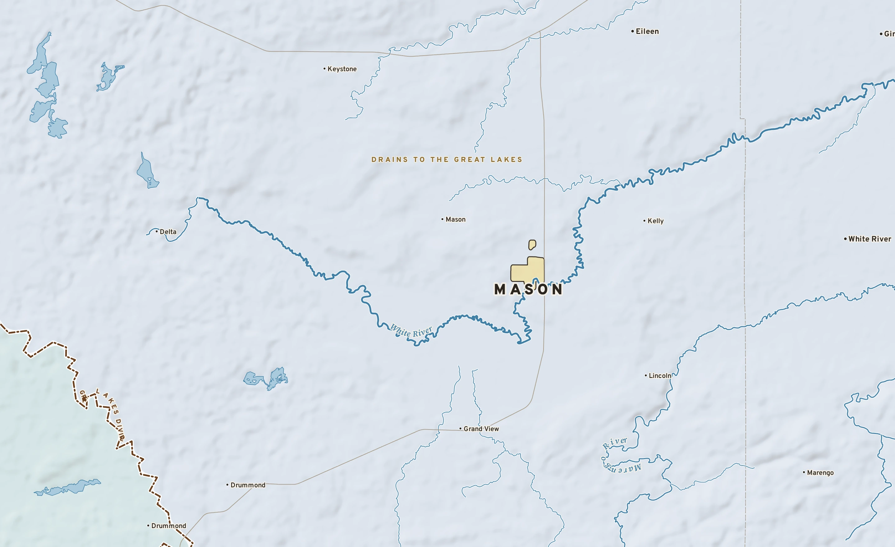 Shaded-relief atlas plate of Mason, Wisconsin: rivers, roads, the city limits and where the water drains.